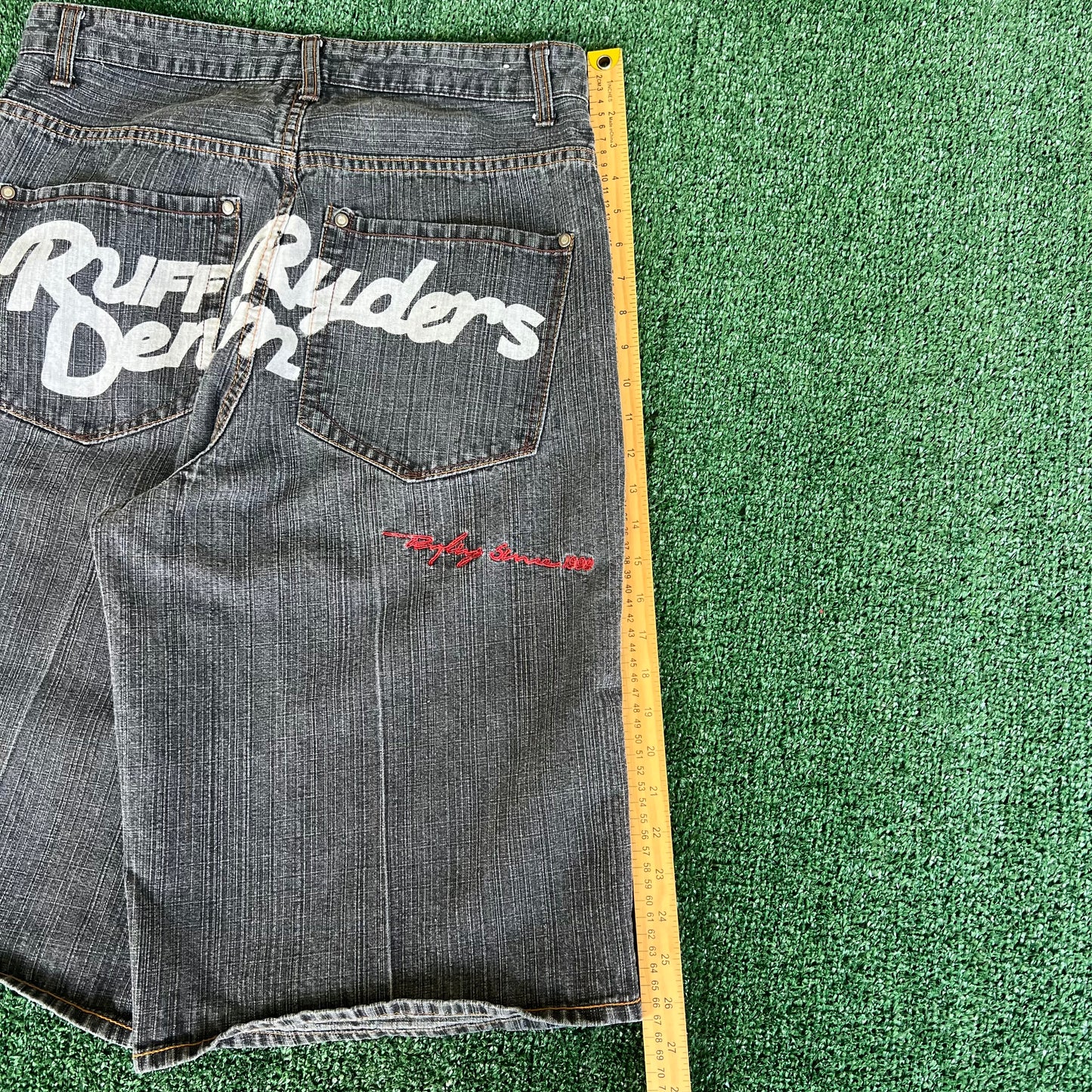 Y2K Ruff Ryders Denim Baggy Spellout Faded Black Jean Shorts - 33x14.25"