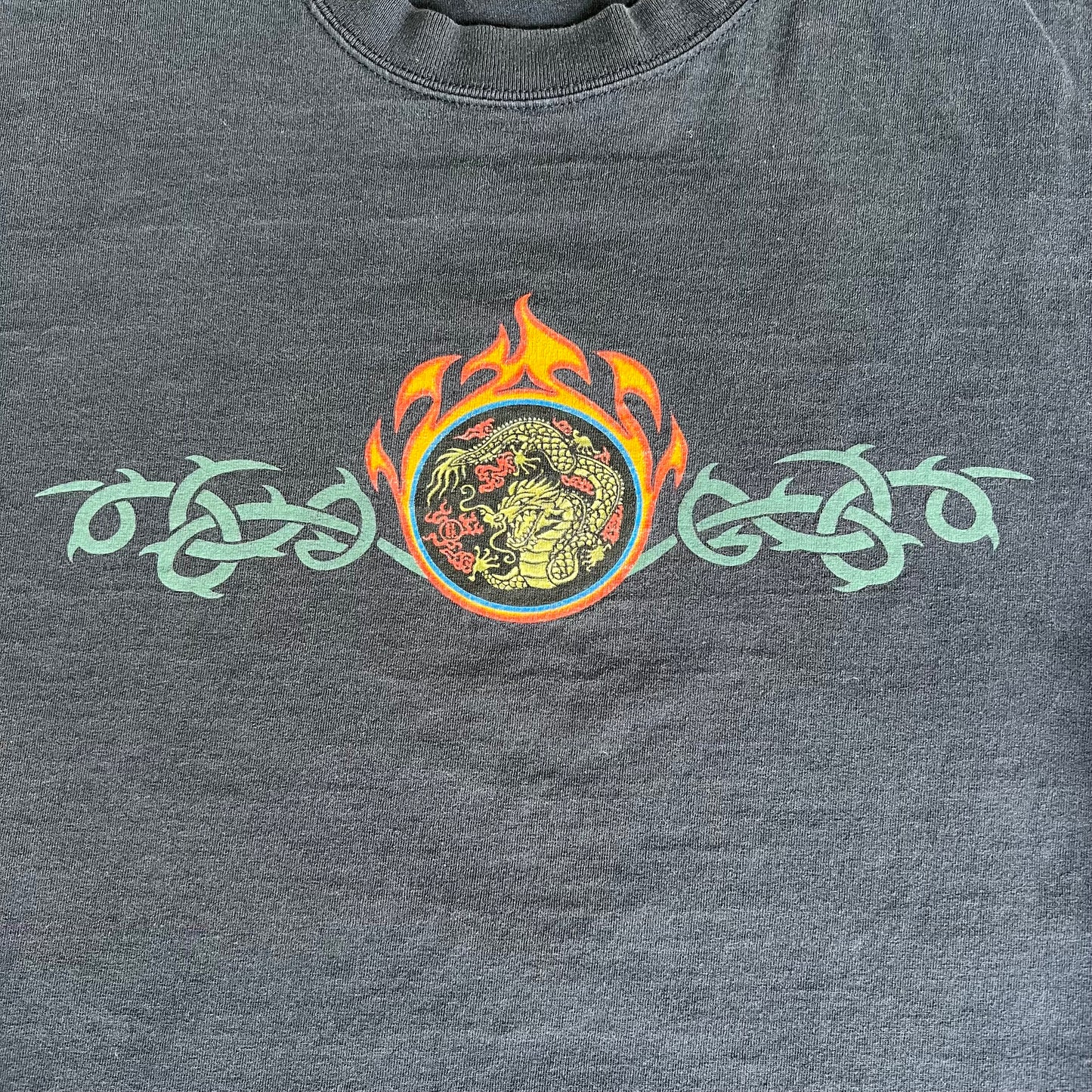 90s Dragon Tribal Flame Faded Navy Blue Skater Long Sleeve Boxy T-Shirt - 2XL
