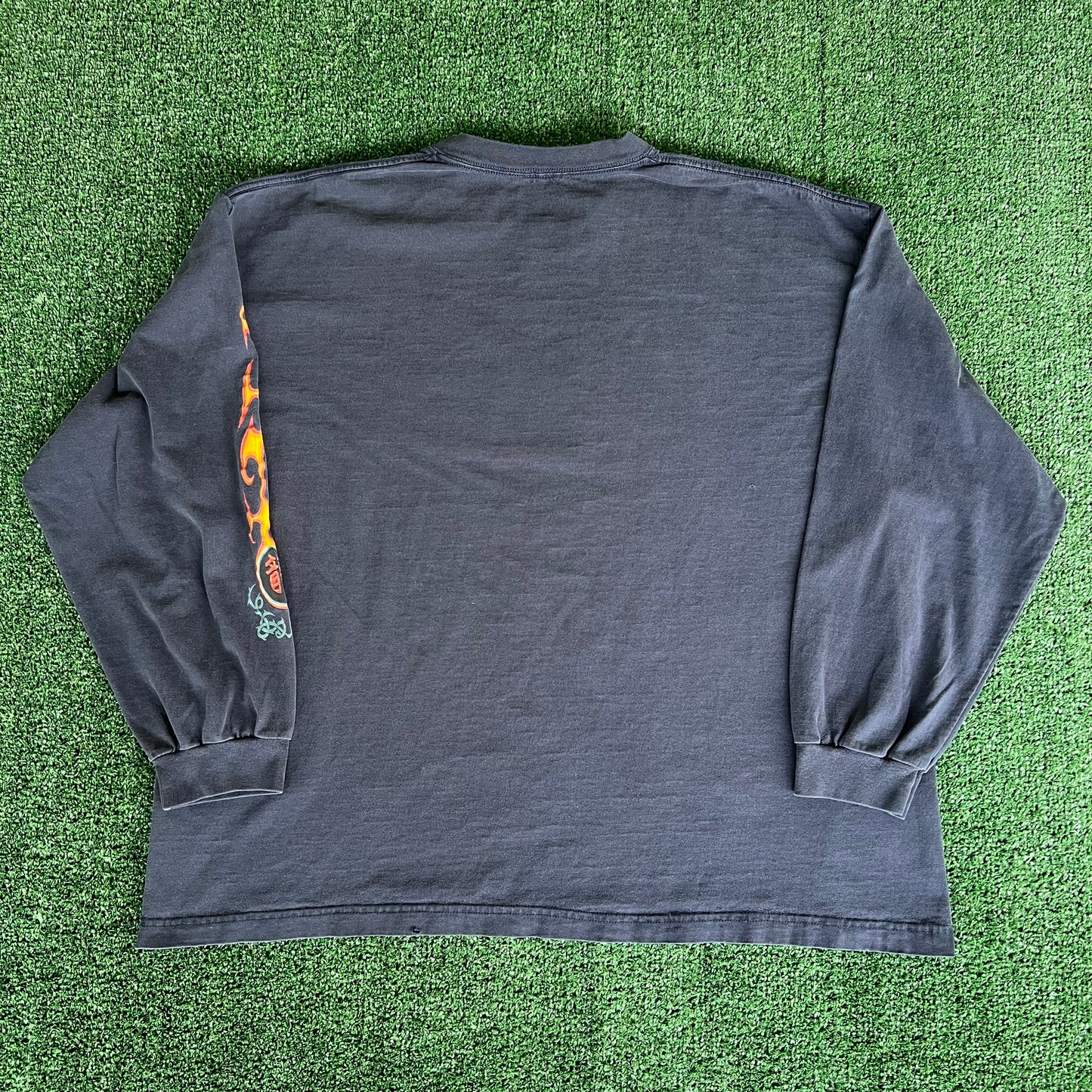 90s Dragon Tribal Flame Faded Navy Blue Skater Long Sleeve Boxy T-Shirt - 2XL