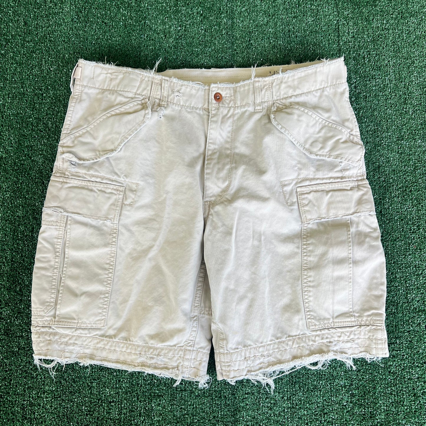 Y2K Polo Ralph Lauren Light Khaki Type 1 Paratrooper Distressed Canvas Shorts - 38x10"