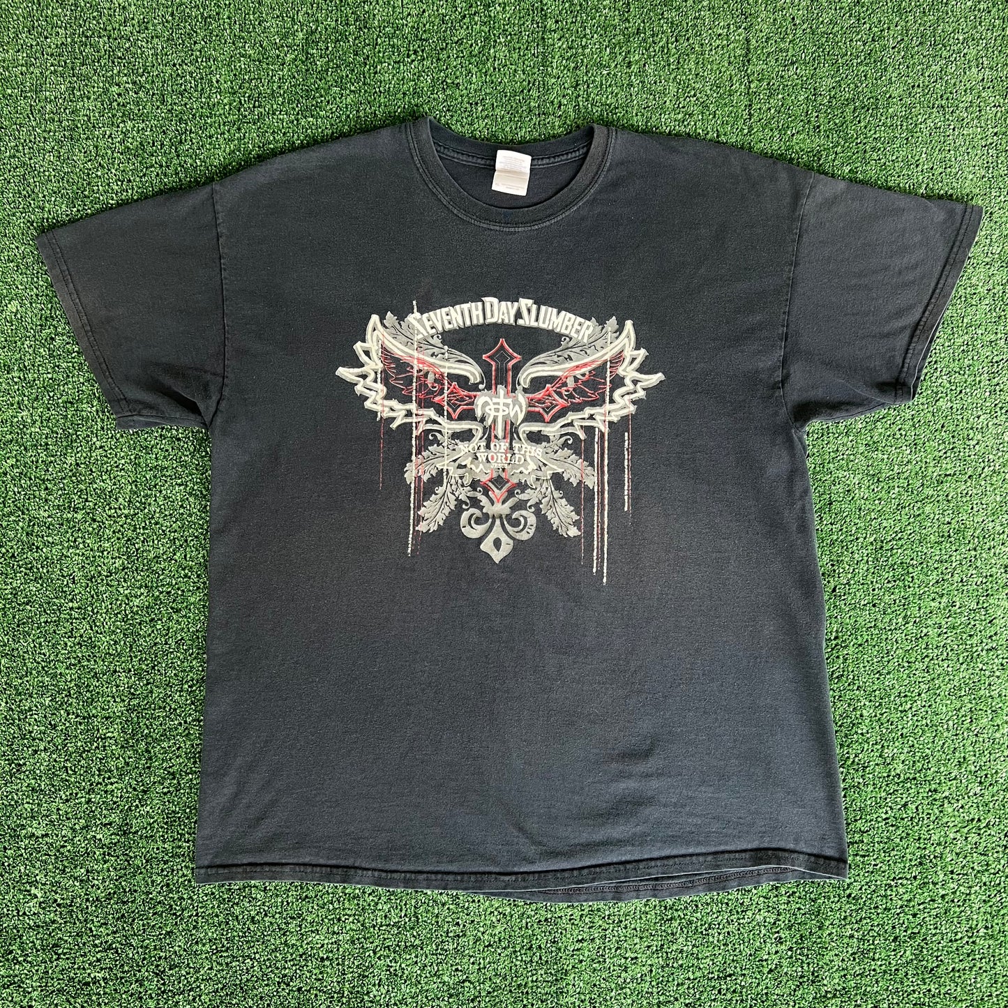 Y2K Jesus Seventh Day Slumber Wings Tribal Faded Black T-Shirt - XL