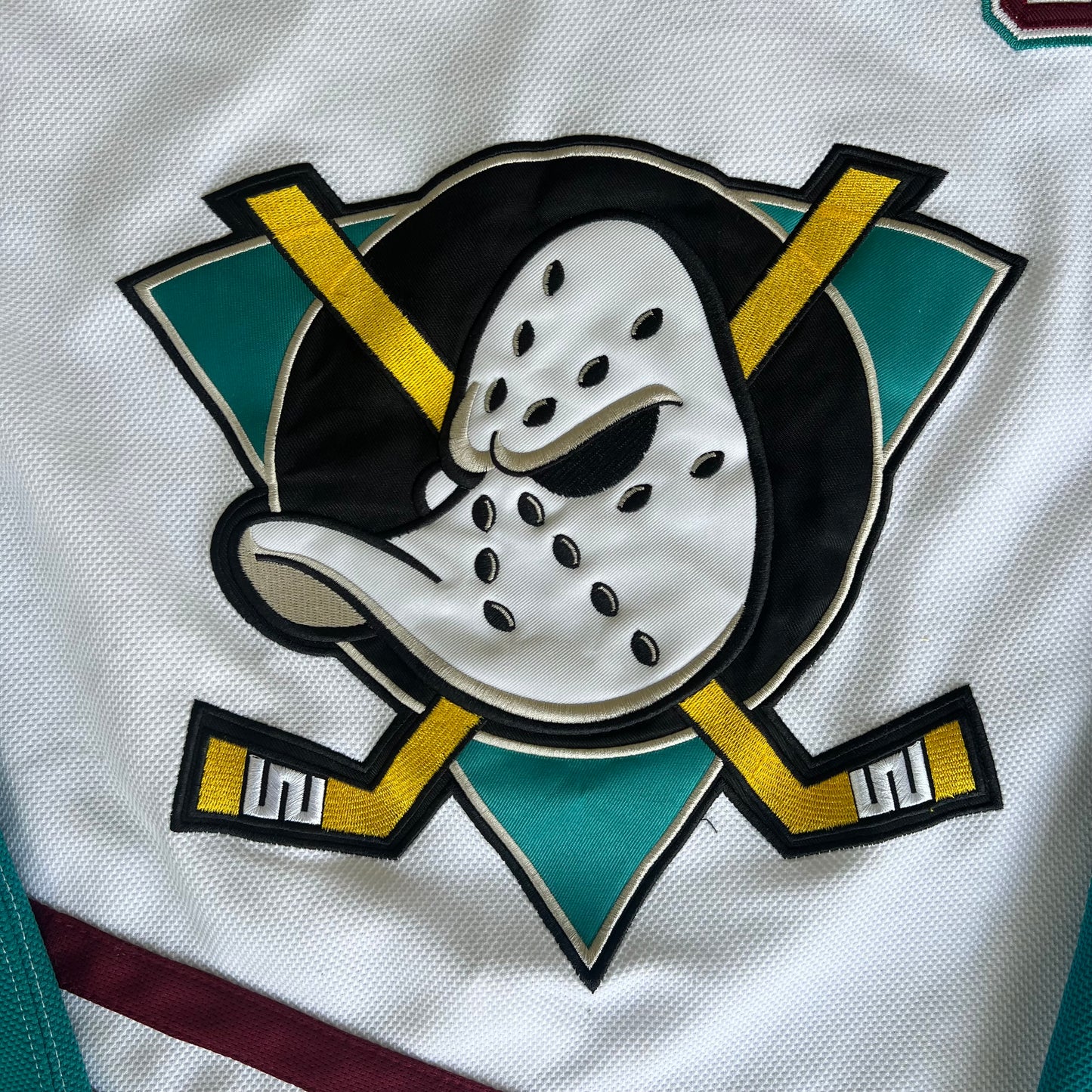 90s Mighty Ducks Movie Promo Charlie Conway Flight Strap White Hockey Jersey - XL