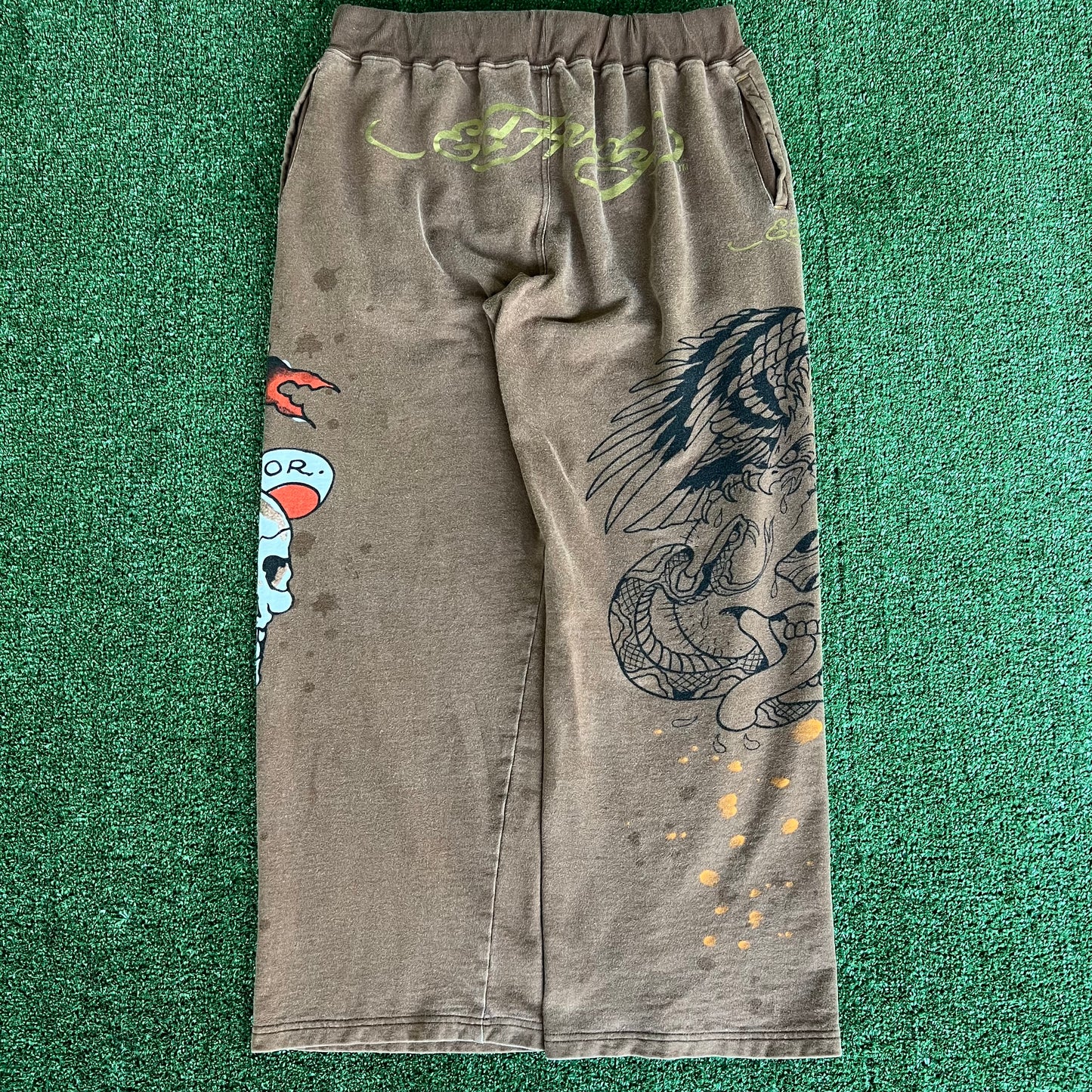 Y2K Ed Hardy Skull Faded Brown Baggy Wide-Leg Sweatpants - Large 31x28.5" 21.5" Openings