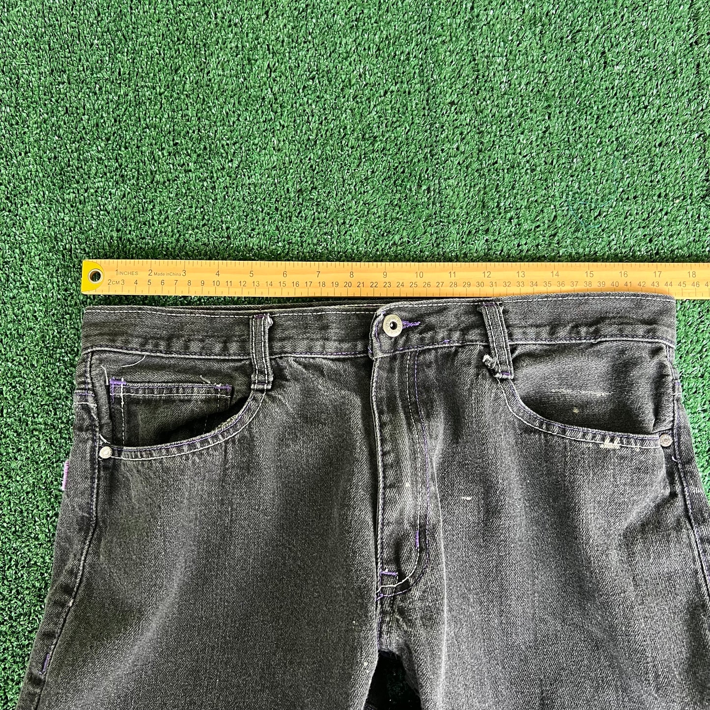 Y2K Baggy Straight Black Purple Embroidered Jeans - 35x31" 18" Openings