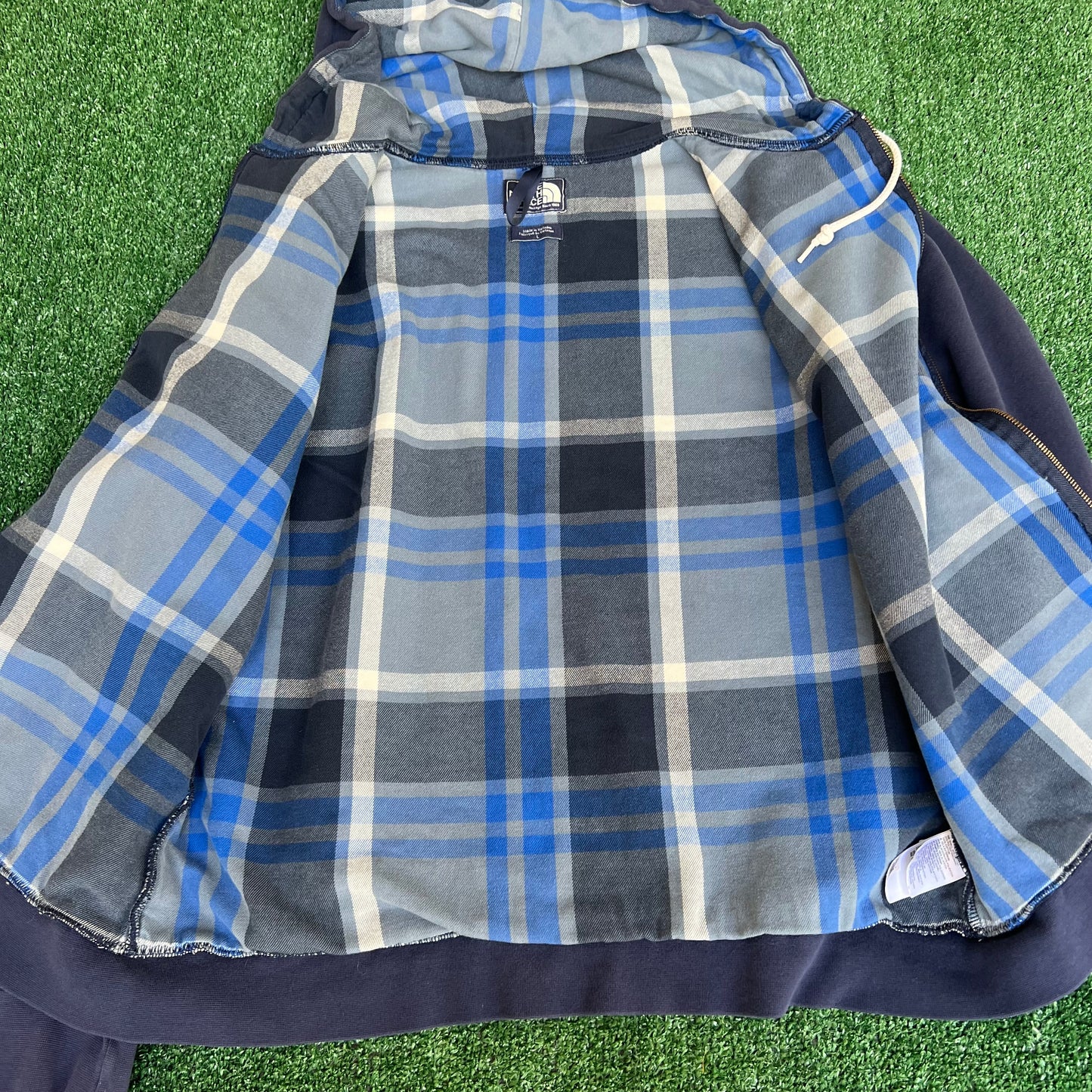 Vintage Y2K Men's The North Face Navy Blue Plaid Flannel Lined Zip Hoodie - Large