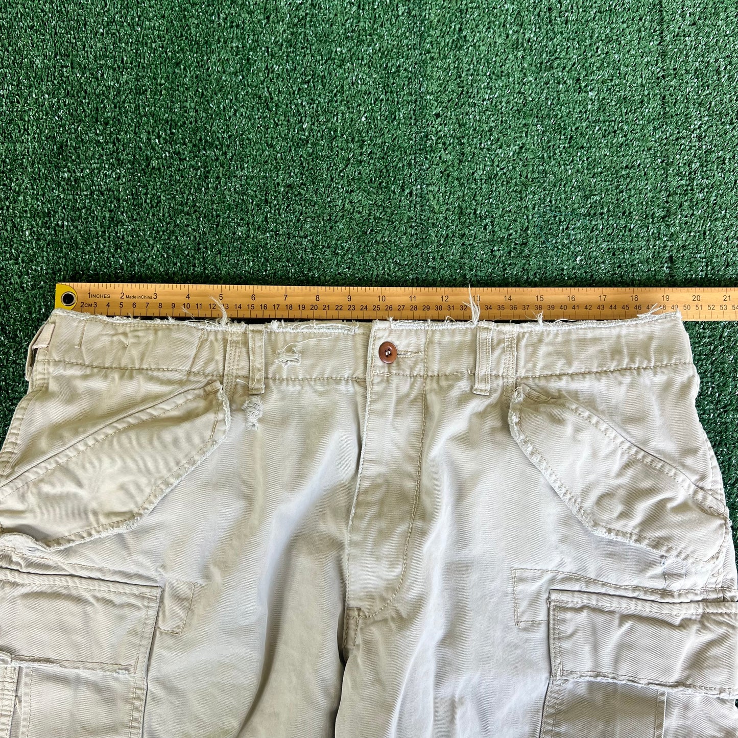 Y2K Polo Ralph Lauren Light Khaki Type 1 Paratrooper Distressed Canvas Shorts - 38x10"