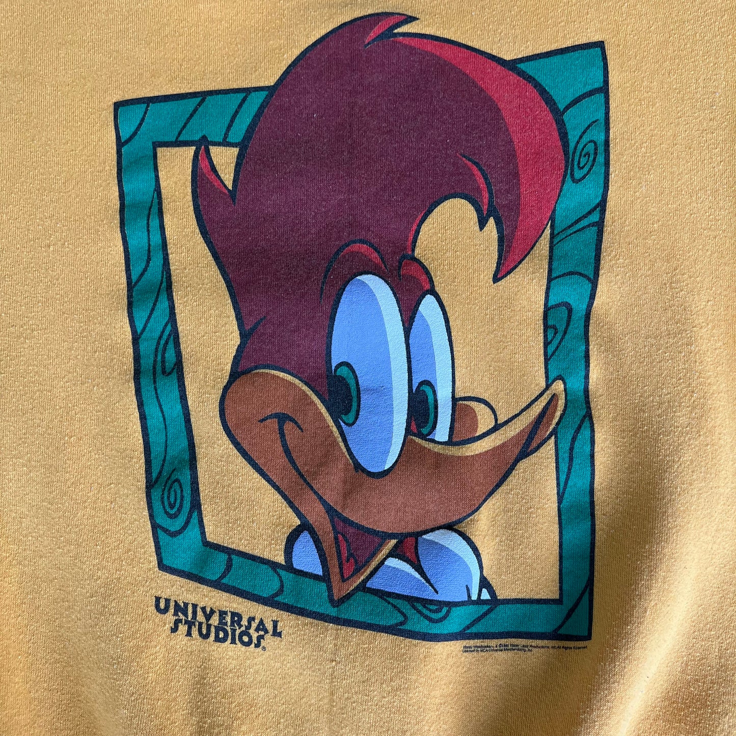 90s Universal Studios Woody Woodpecker Cartoon Face Yellow Sweatshirt - Large