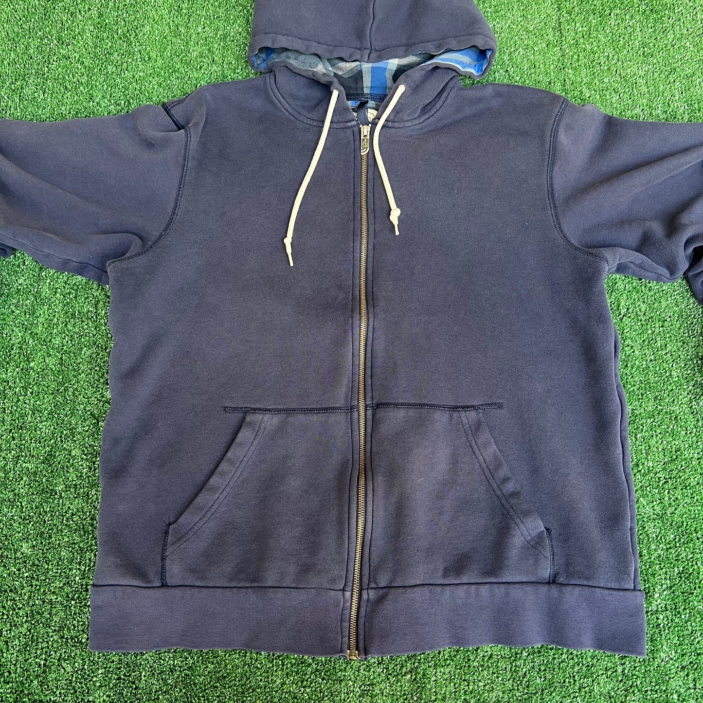 Vintage Y2K Men's The North Face Navy Blue Plaid Flannel Lined Zip Hoodie - Large