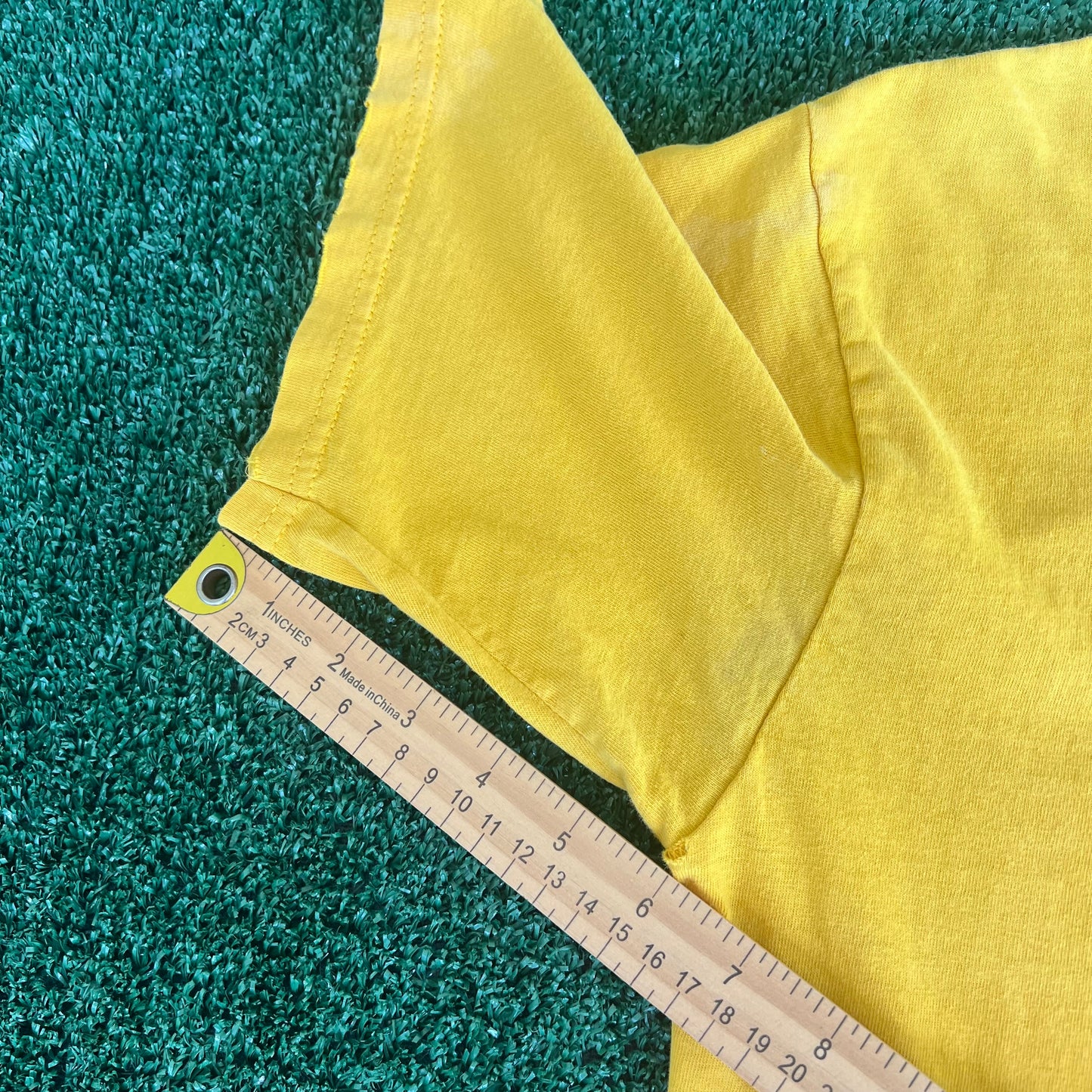 Y2K Nike Yellow Embroidered Essential Spellout Distressed T-Shirt - Medium