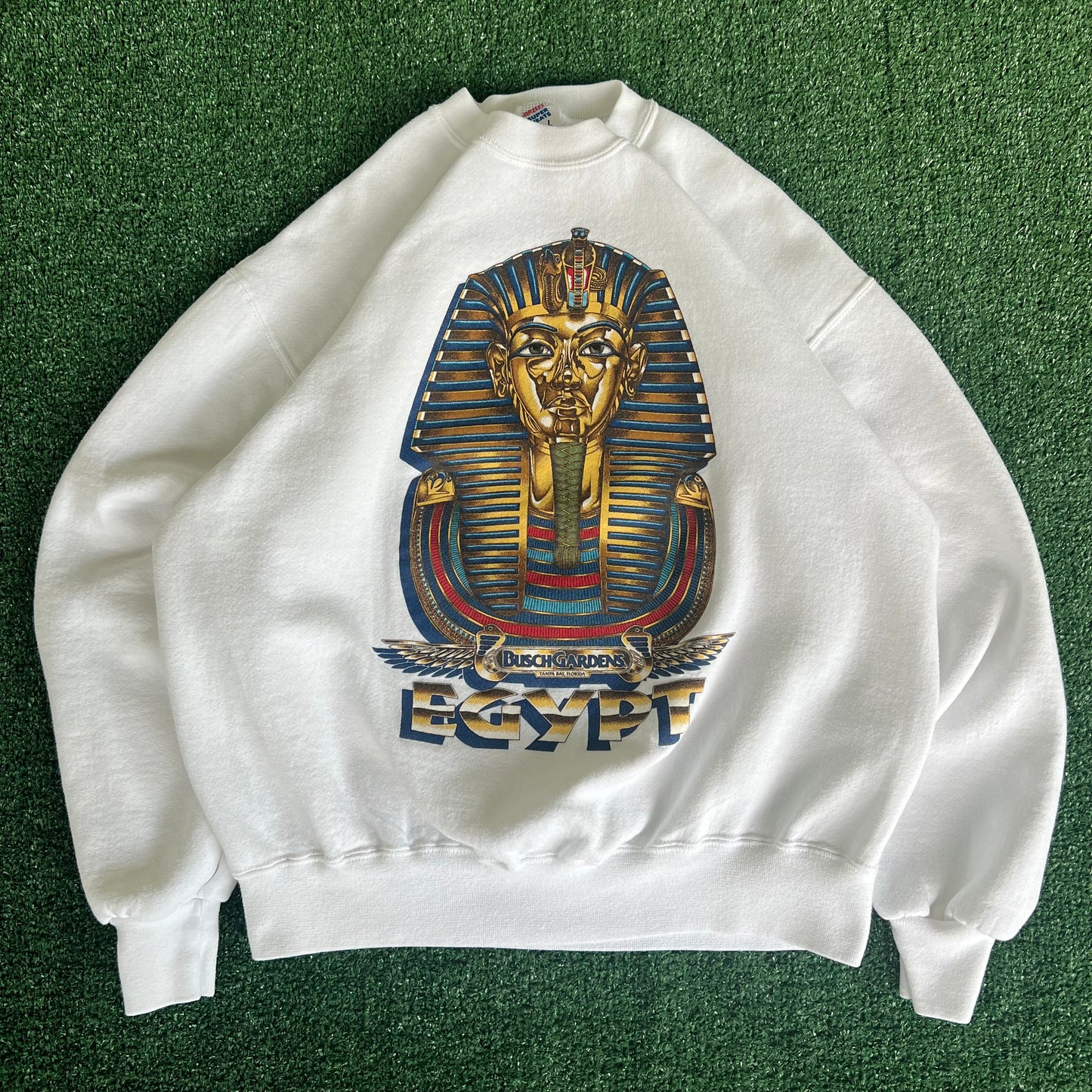 90s Jerzees Busch Gardens Egypt Pharaoh White Crewneck Sweatshirt - Large