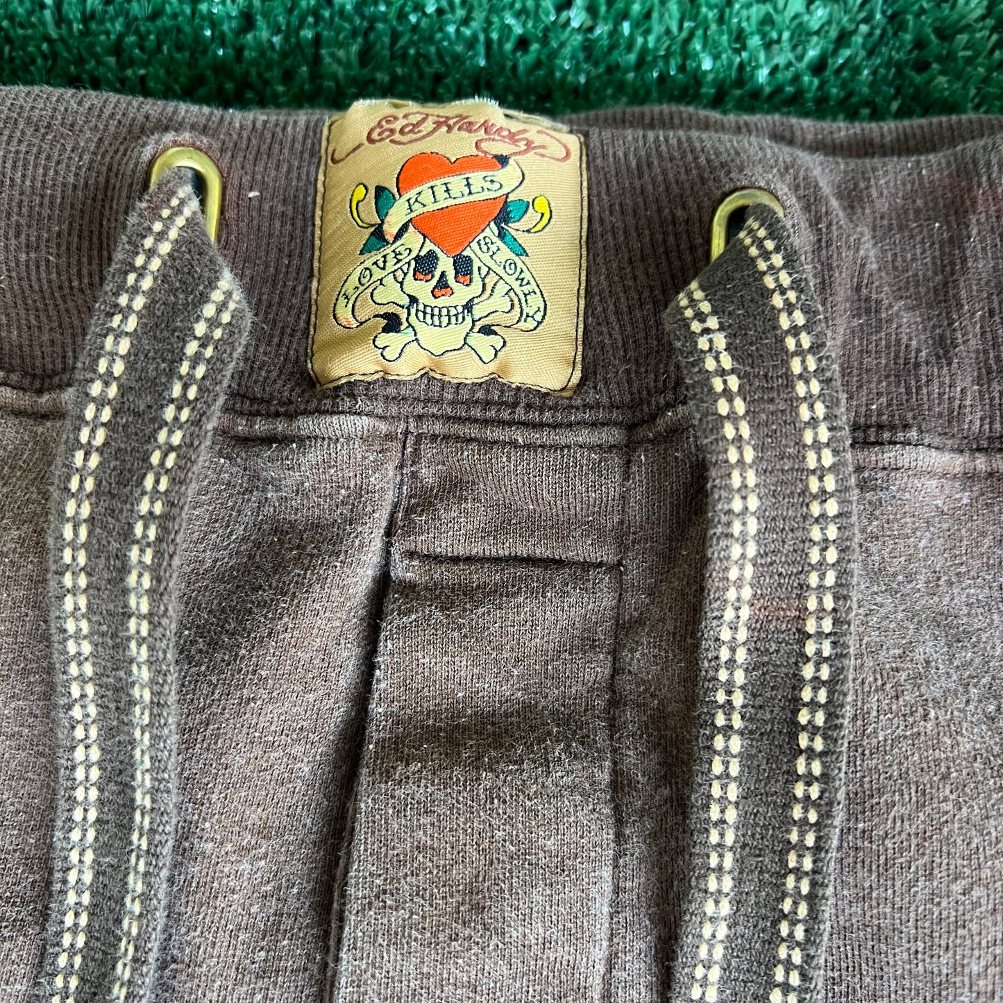 Y2K Ed Hardy Skull Faded Brown Baggy Wide-Leg Sweatpants - Large 31x28.5" 21.5" Openings