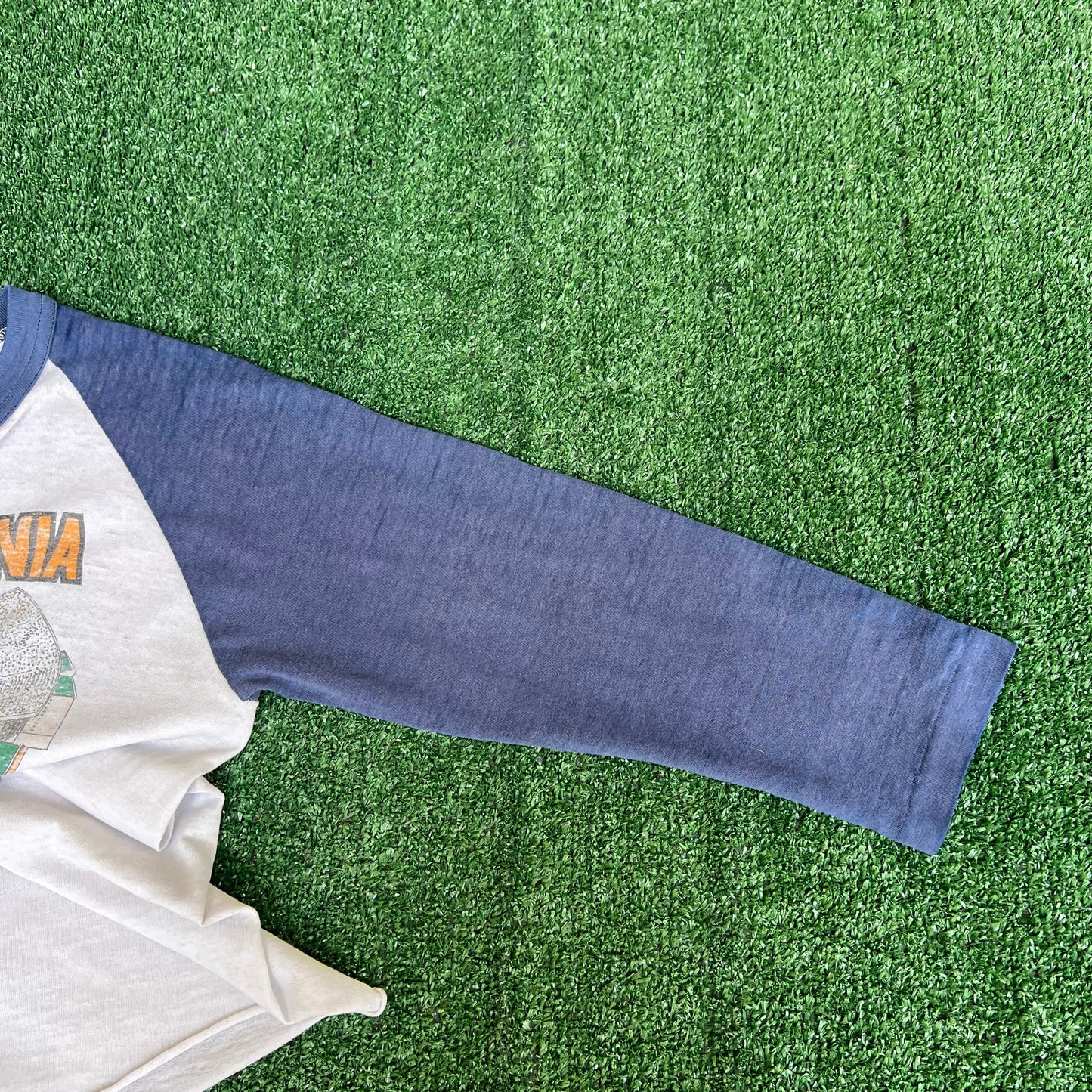 VTG 70s Men's WVU West Virginia Mountaineers White Blue Raglan Cut T-Shirt - Small