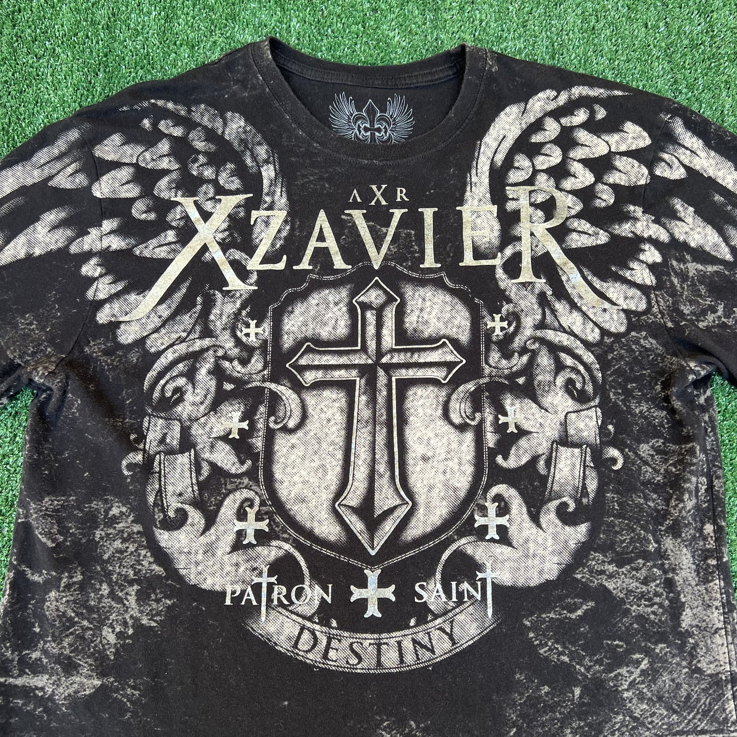 Men's Y2K Xzavier Black AOP Angel Wings Cross Affliction Style Black T-Shirt XL