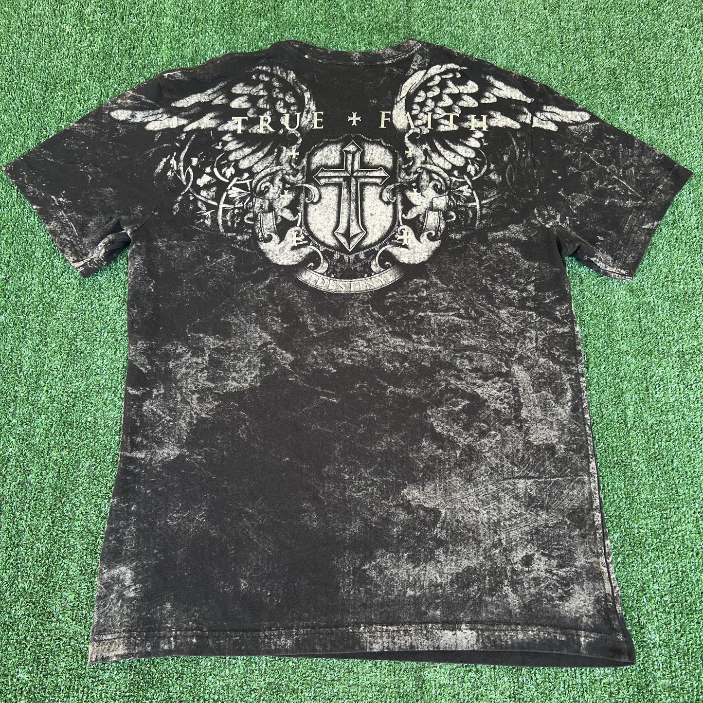 Men's Y2K Xzavier Black AOP Angel Wings Cross Affliction Style Black T-Shirt XL