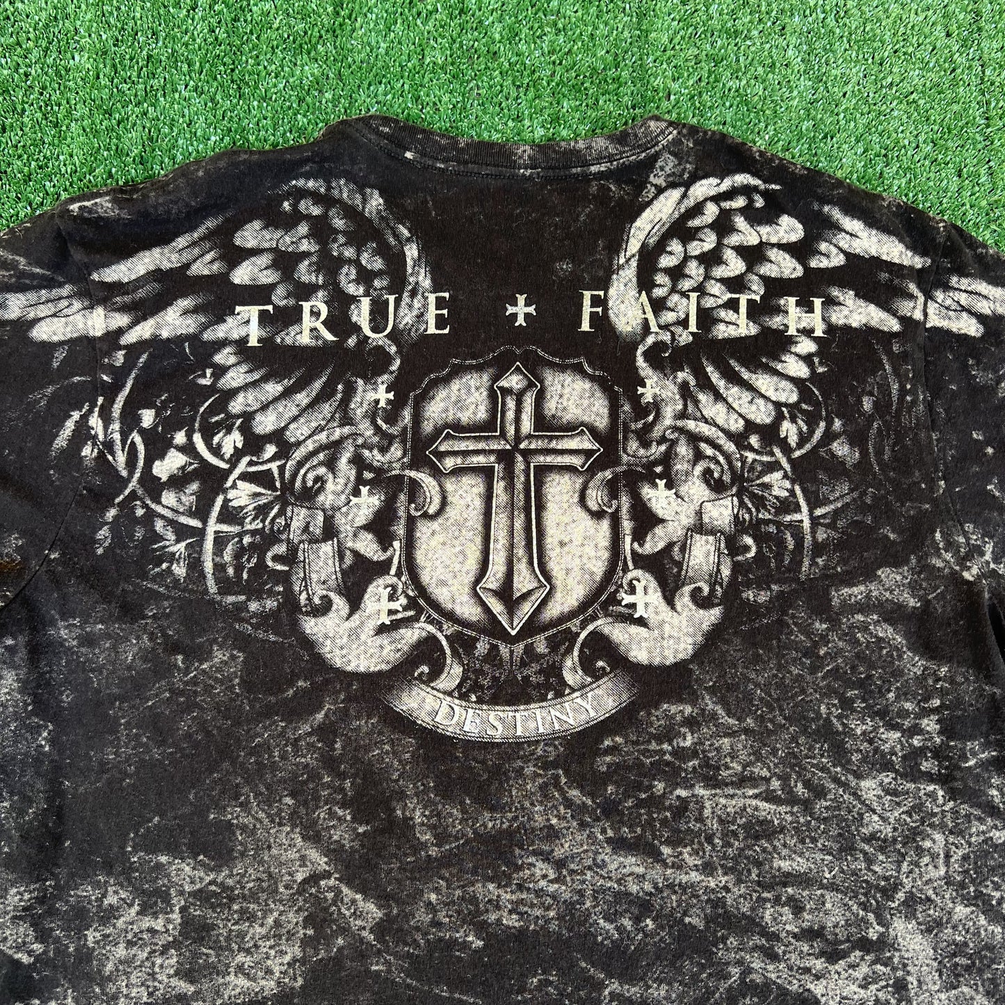 Men's Y2K Xzavier Black AOP Angel Wings Cross Affliction Style Black T-Shirt XL