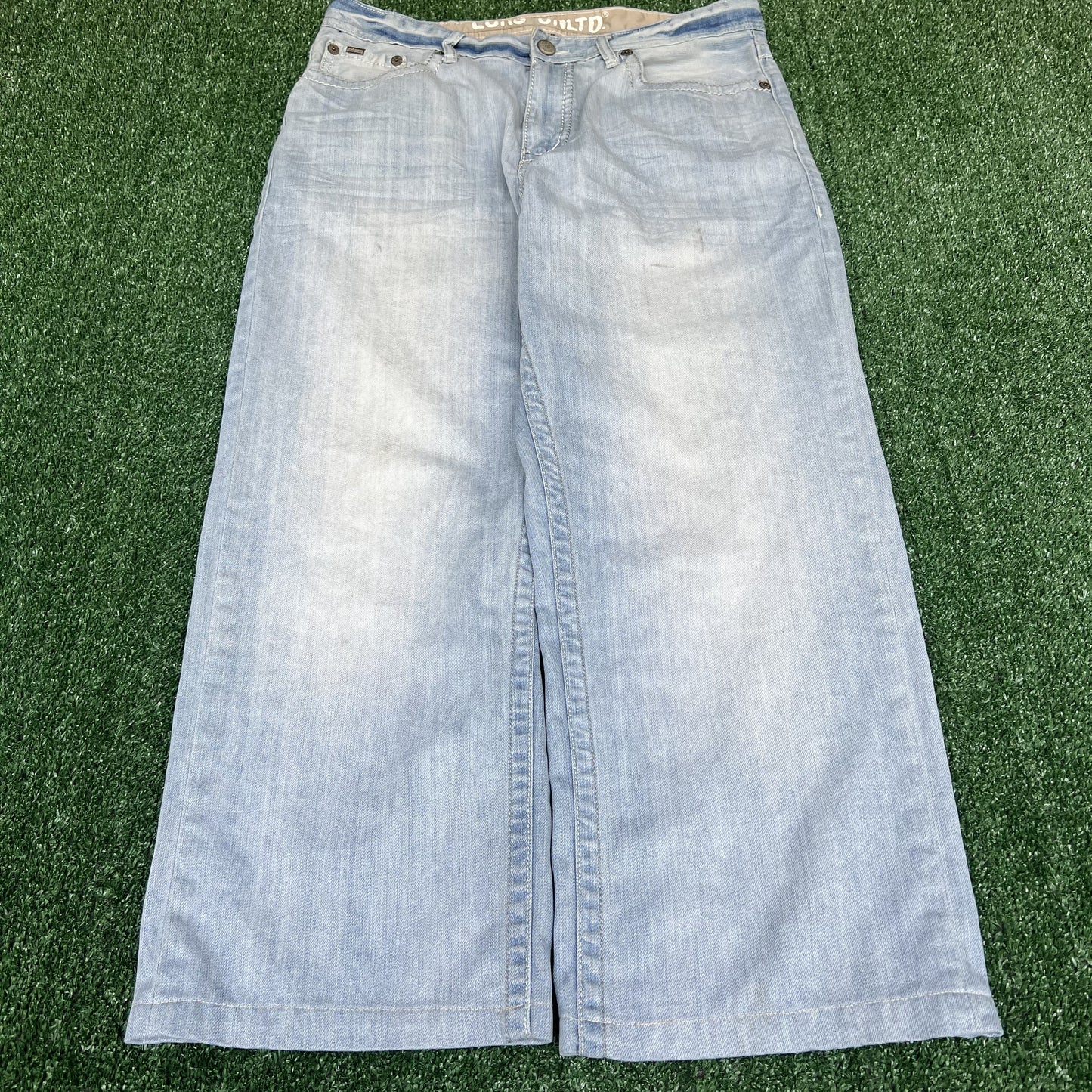 VTG Ecko Unltd. Jeans Mens 36x27" Blue Light Wash Wide-Leg Baggy Flap Pocket Y2K