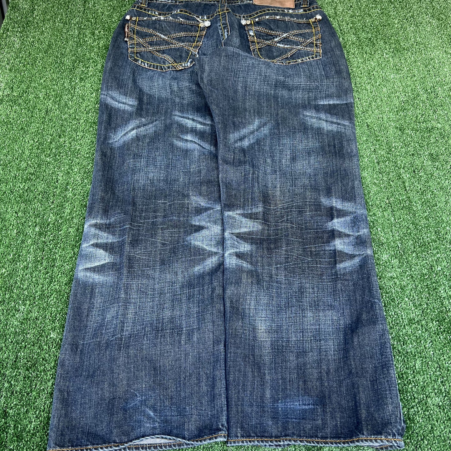VTG AKDMKS Jeans Mens 37x31" Blue Baggy Wide-Leg Embroidered 20" Openings Y2K