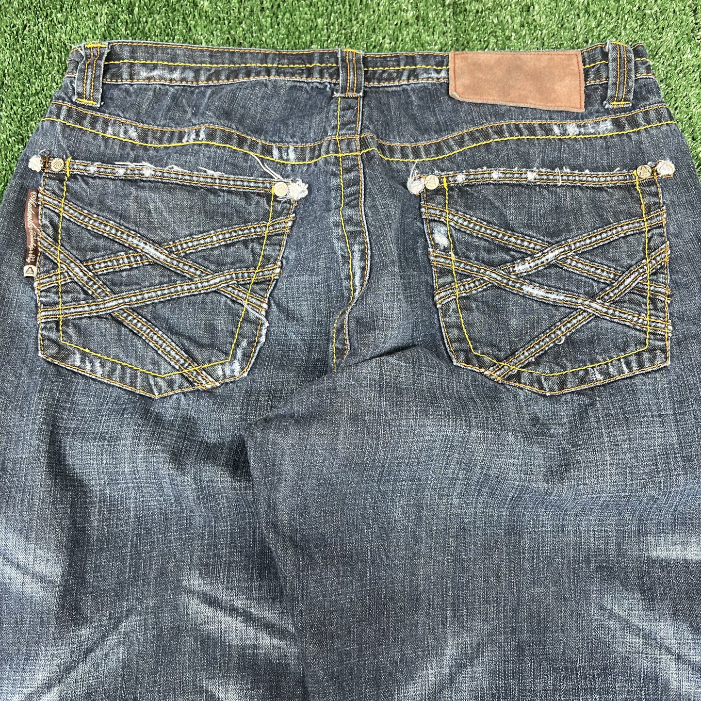 VTG AKDMKS Jeans Mens 37x31" Blue Baggy Wide-Leg Embroidered 20" Openings Y2K