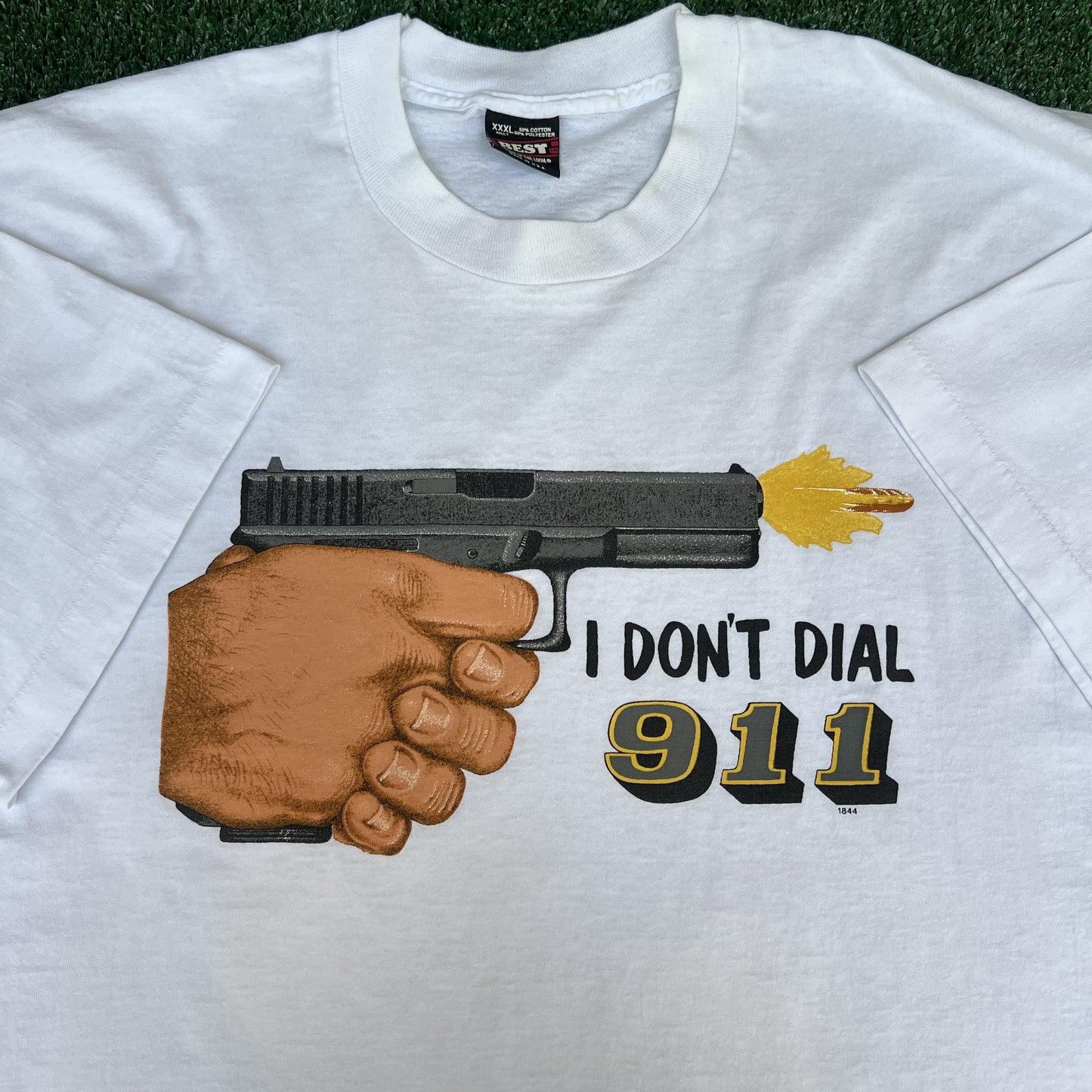 VTG "I Don't Dial 911" T-Shirt Mens 3XL White Gun Single Stitch Boxy 27x31" 90s