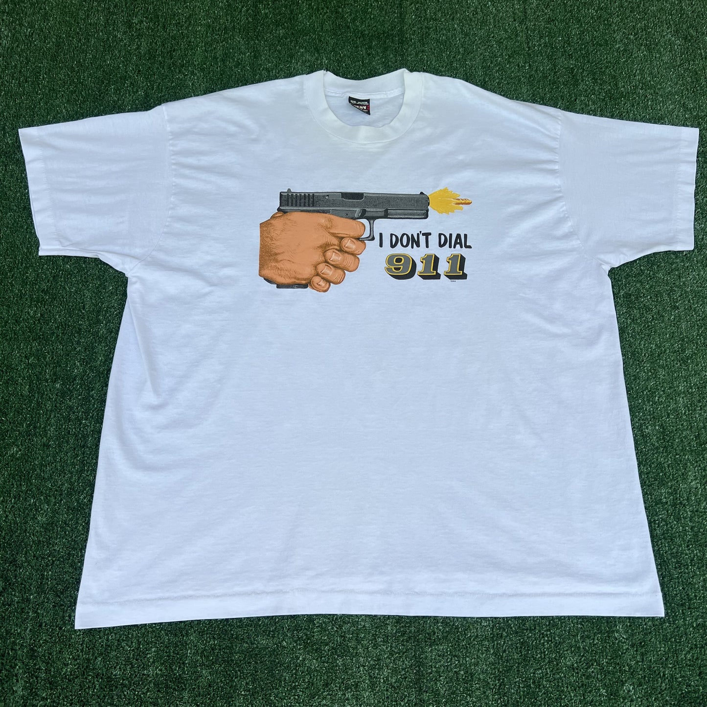 VTG "I Don't Dial 911" T-Shirt Mens 3XL White Gun Single Stitch Boxy 27x31" 90s