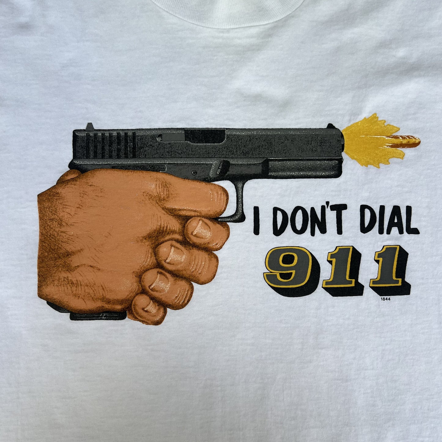 VTG "I Don't Dial 911" T-Shirt Mens 3XL White Gun Single Stitch Boxy 27x31" 90s