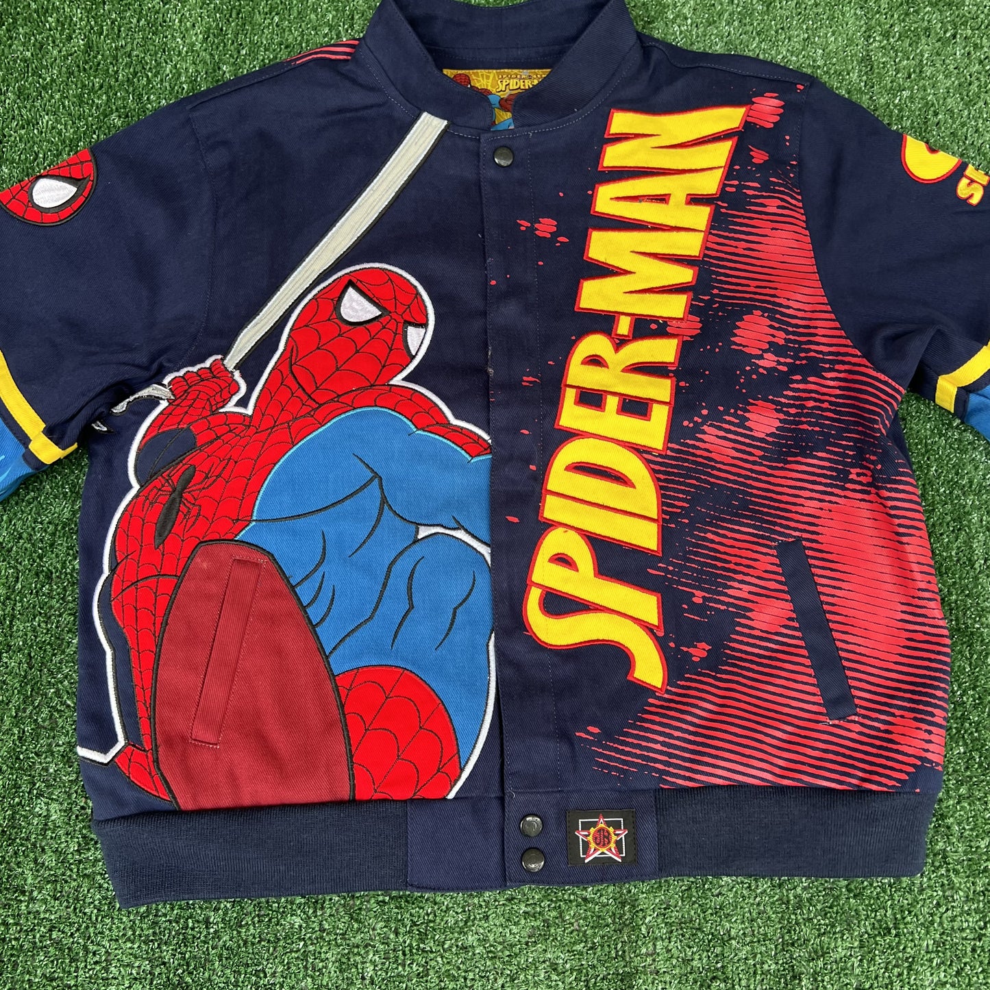 NWT Vintage JH Design Spider-Man Racing Jacket – Youth 2XL (Fits Men’s Small, Blue)