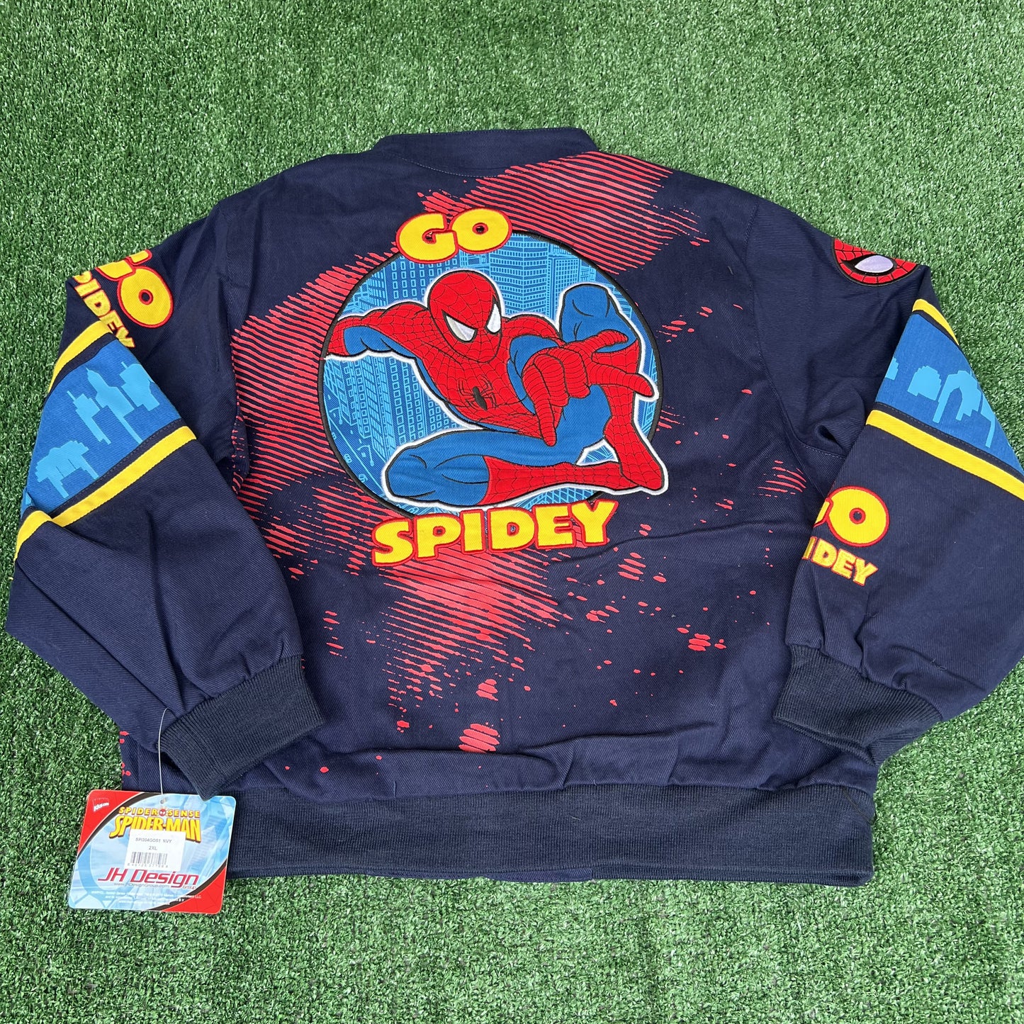 NWT Vintage JH Design Spider-Man Racing Jacket – Youth 2XL (Fits Men’s Small, Blue)