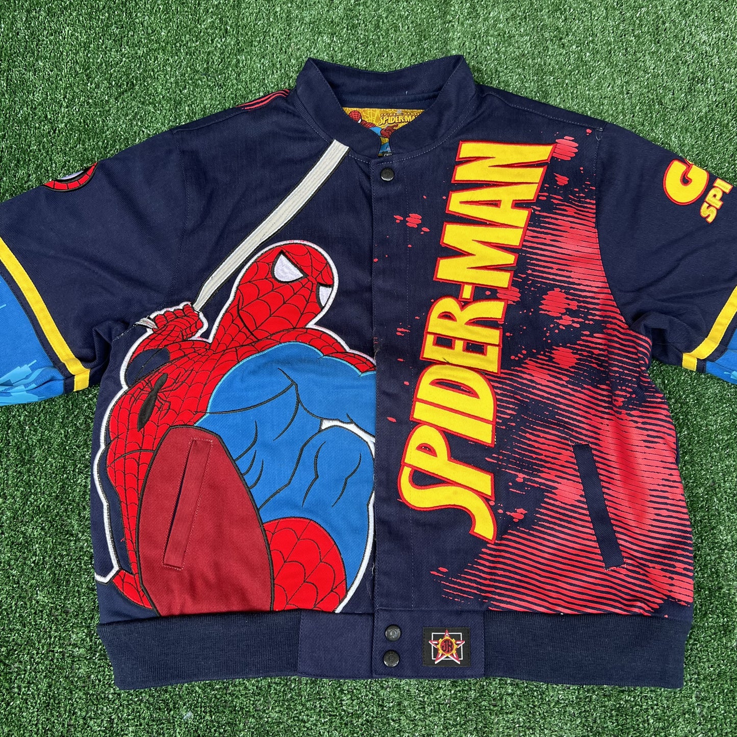 NWT Vintage JH Design Spider-Man Racing Jacket – Youth 2XL (Fits Men’s Small, Blue)