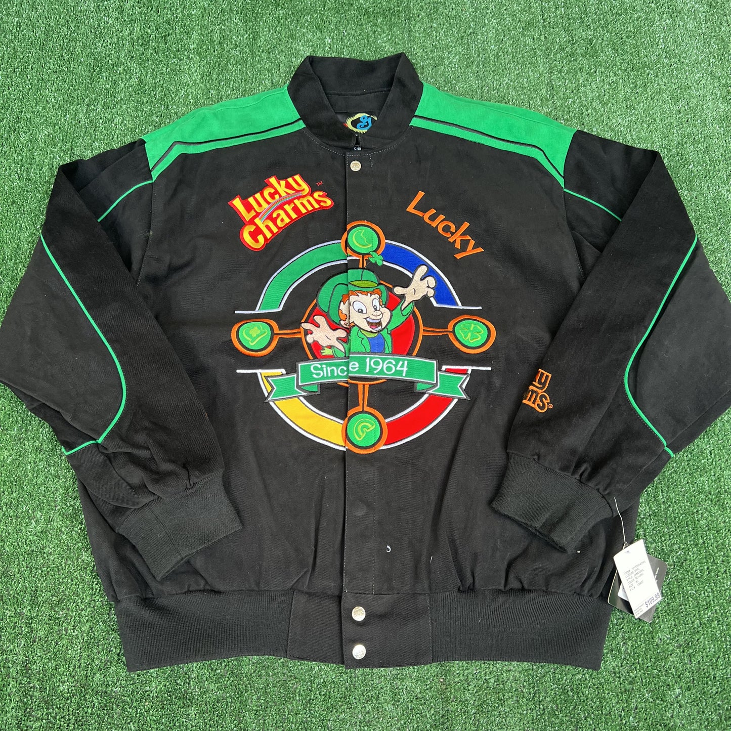 NWT VTG Lucky Charms NASCAR Jacket Men’s XL – Black Embroidered Racing Leprechaun RR Design