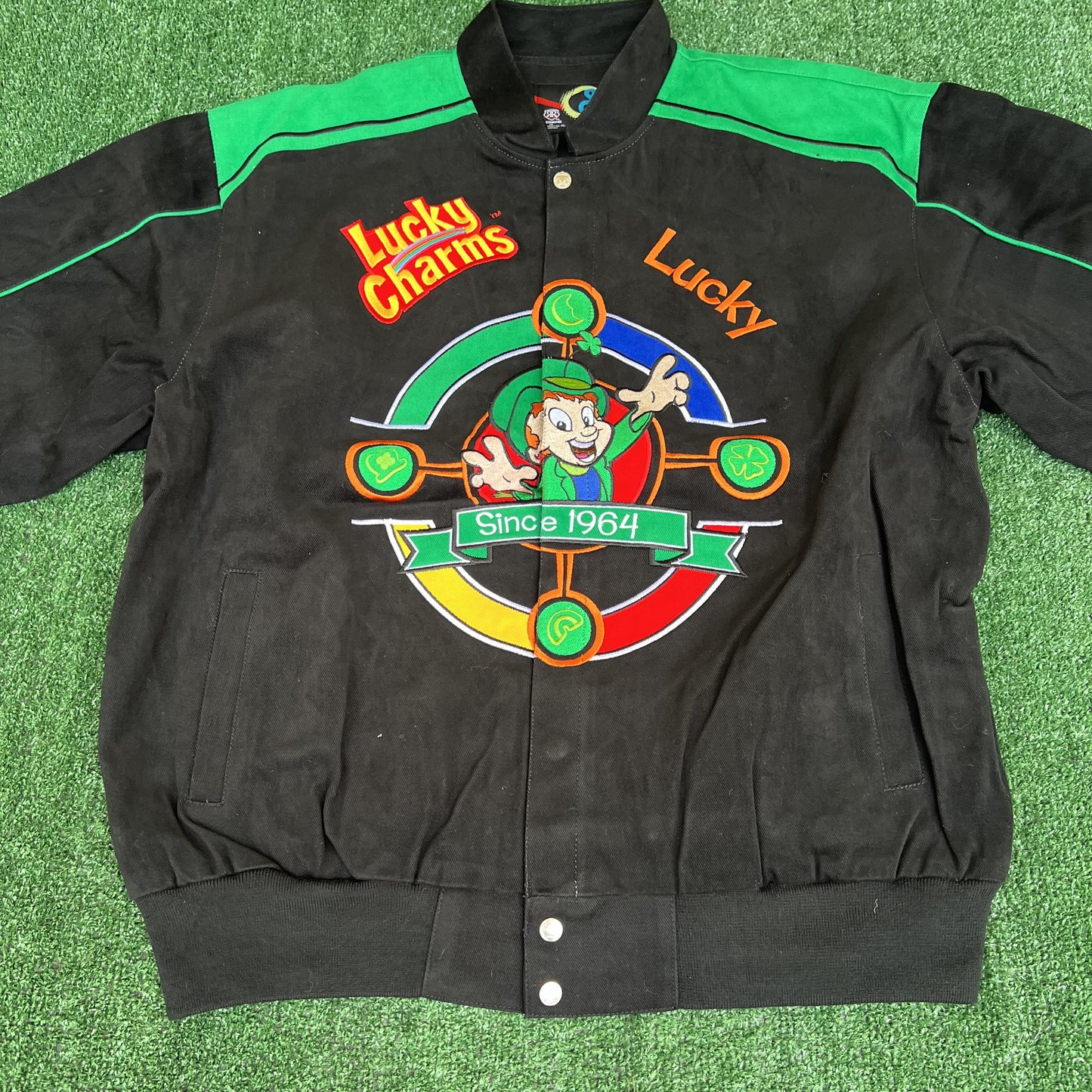 NWT VTG Lucky Charms NASCAR Jacket Men’s XL – Black Embroidered Racing Leprechaun RR Design