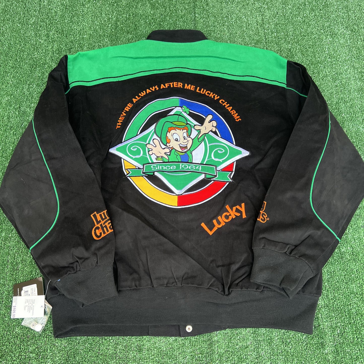 NWT VTG Lucky Charms NASCAR Jacket Men’s XL – Black Embroidered Racing Leprechaun RR Design
