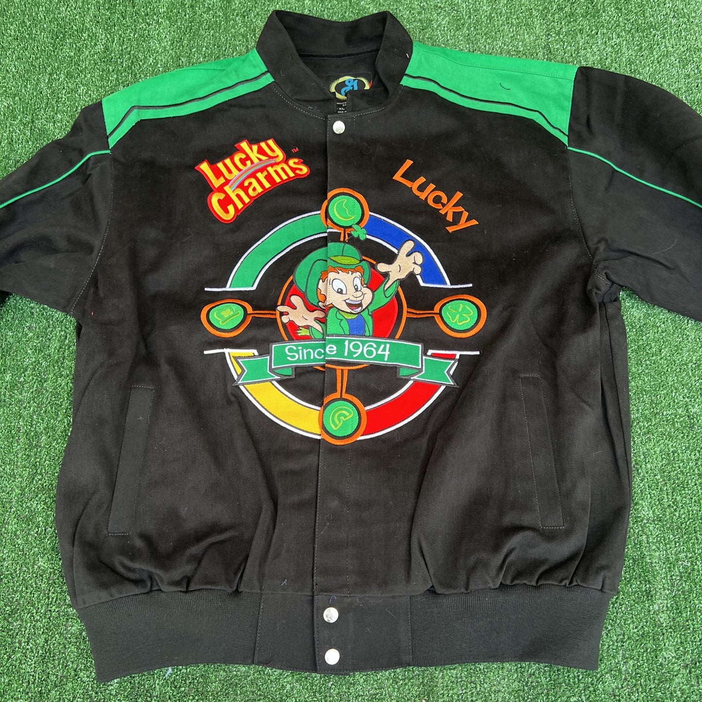 NWT VTG Lucky Charms NASCAR Jacket Men’s XL – Black Embroidered Racing Leprechaun RR Design