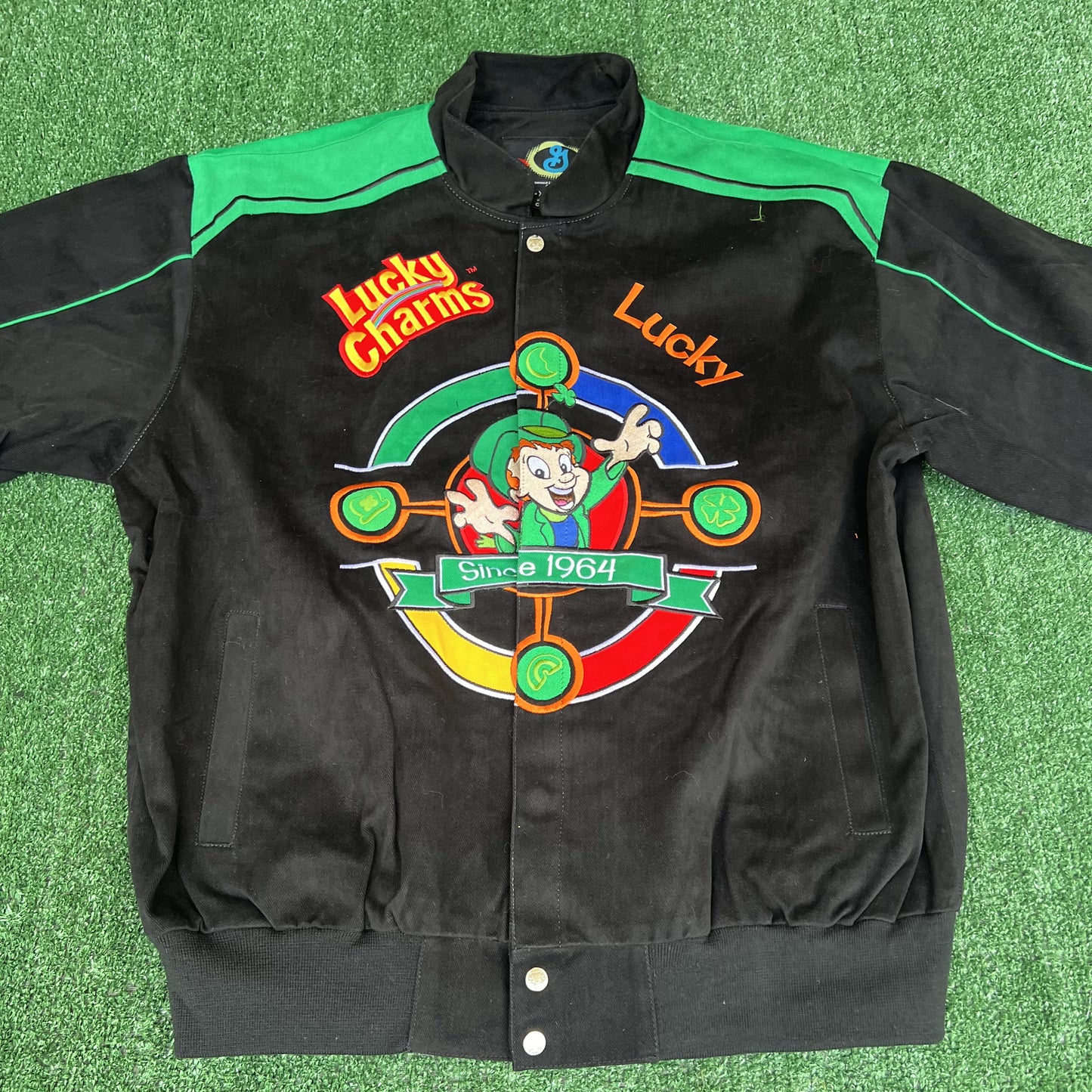 NWT VTG Lucky Charms NASCAR Jacket Men’s XL – Black Embroidered Racing Leprechaun RR Design