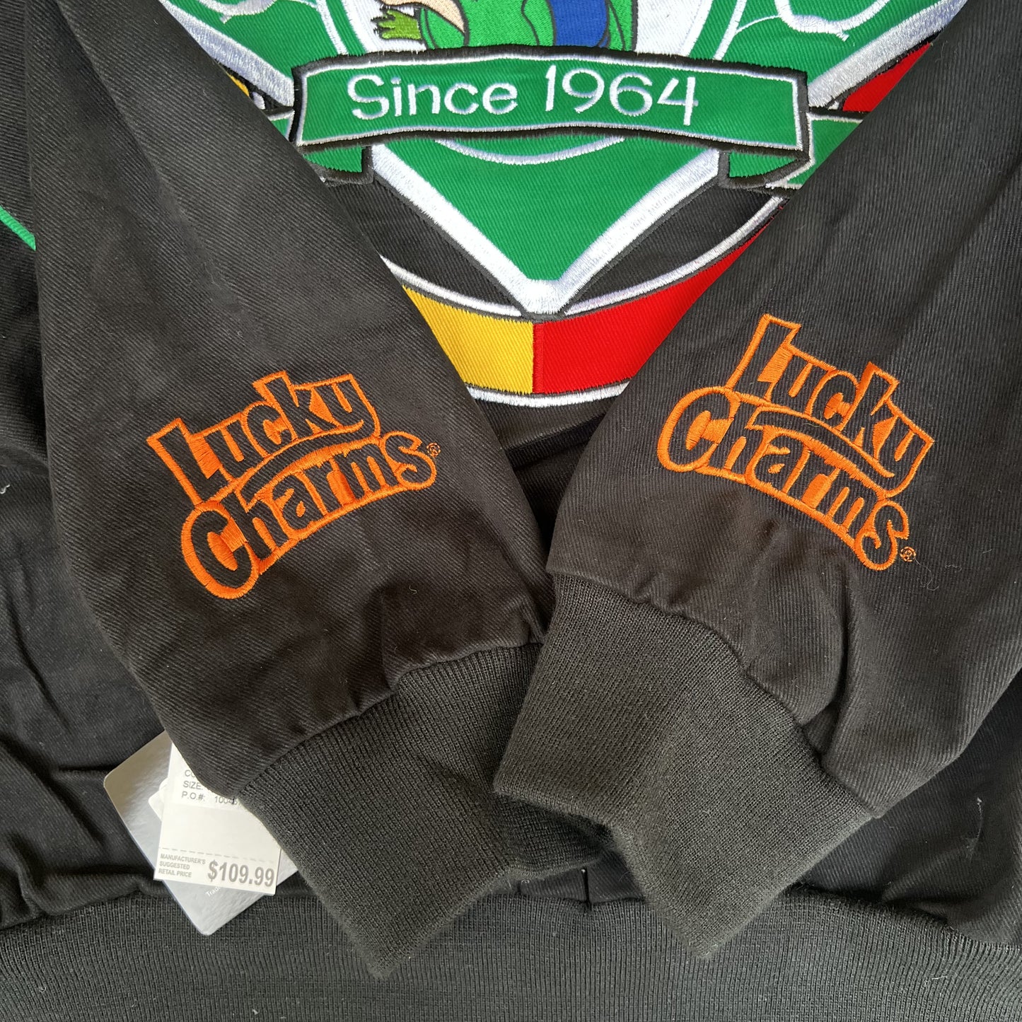 NWT VTG Lucky Charms NASCAR Jacket Men’s XL – Black Embroidered Racing Leprechaun RR Design