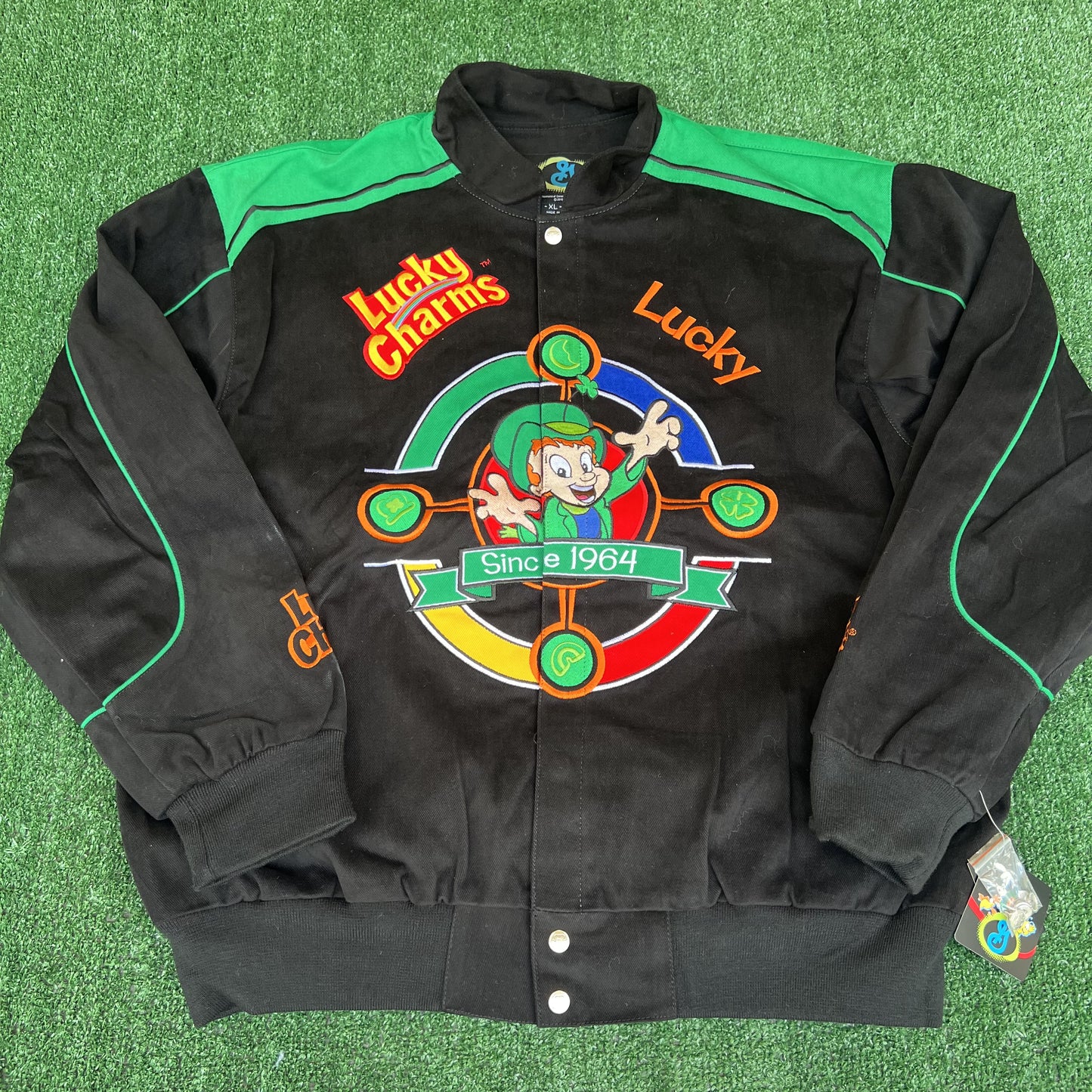NWT VTG Lucky Charms NASCAR Jacket Men’s XL – Black Embroidered Racing Leprechaun RR Design