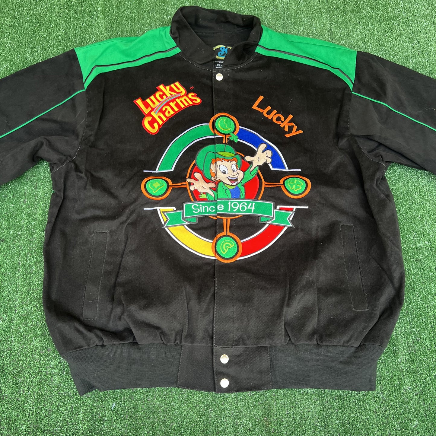 NWT VTG Lucky Charms NASCAR Jacket Men’s XL – Black Embroidered Racing Leprechaun RR Design
