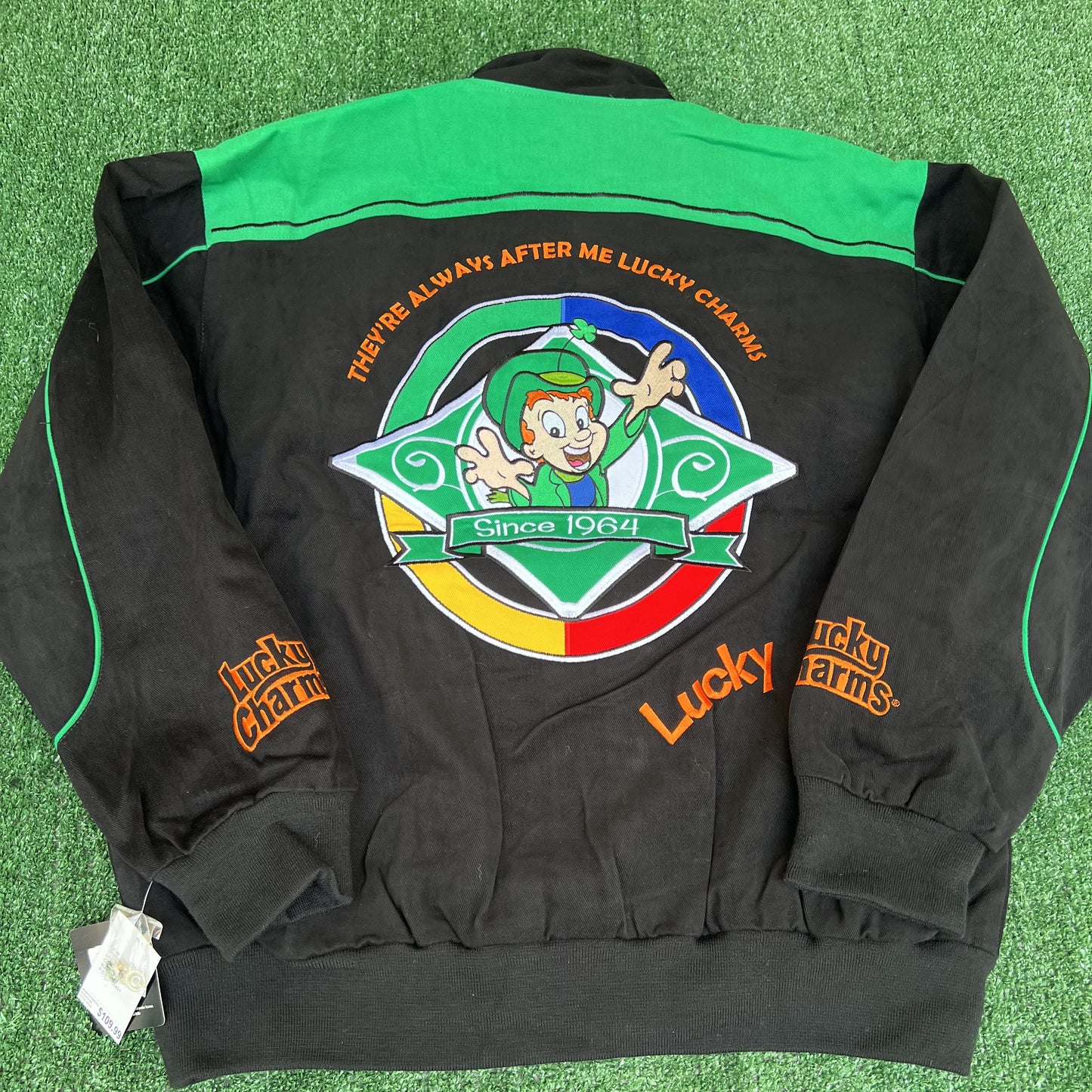 NWT VTG Lucky Charms NASCAR Jacket Men’s XL – Black Embroidered Racing Leprechaun RR Design