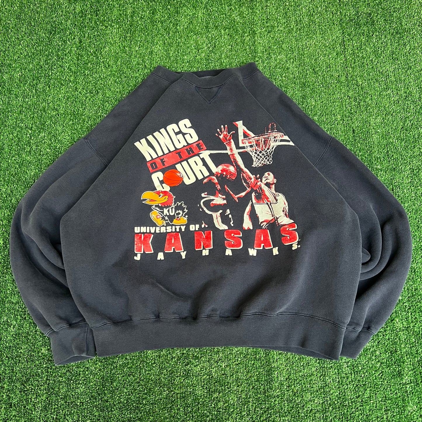VTG 90s Men's Gear Kansas Jayhawks Kings Of The Court Navy Boxy Sweatshirt Large