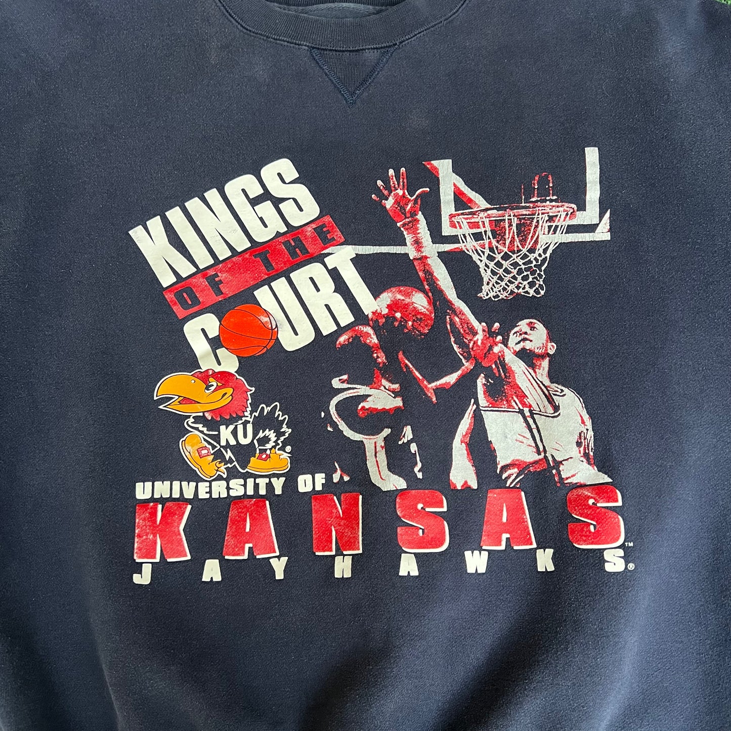 VTG 90s Men's Gear Kansas Jayhawks Kings Of The Court Navy Boxy Sweatshirt Large