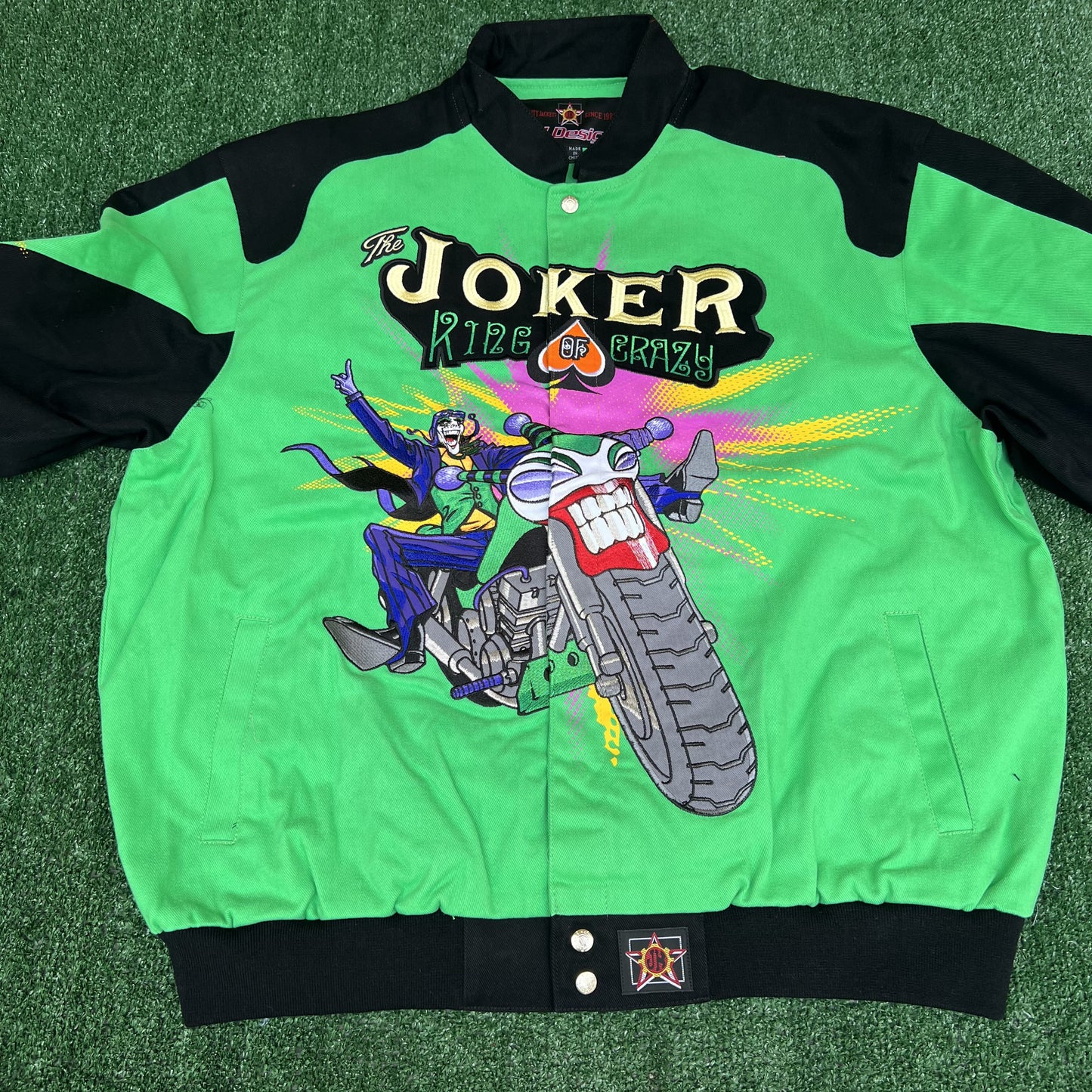 NWT VTG JH Designs Joker Jacket Men’s 2XL – Green DC Comics NASCAR Racing Boxy Fit