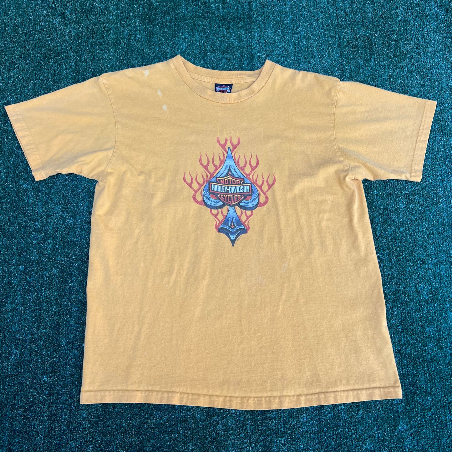 Vintage Y2K Men's Harley Davidson Flaming Ace Tribal Yellow T-Shirt XL USA