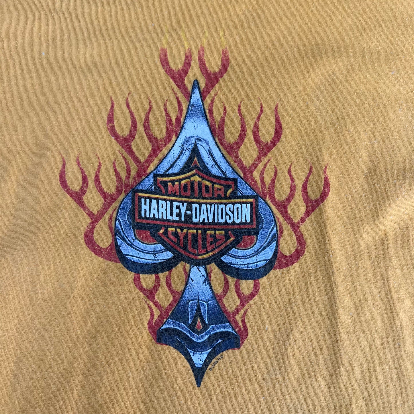 Vintage Y2K Men's Harley Davidson Flaming Ace Tribal Yellow T-Shirt XL USA