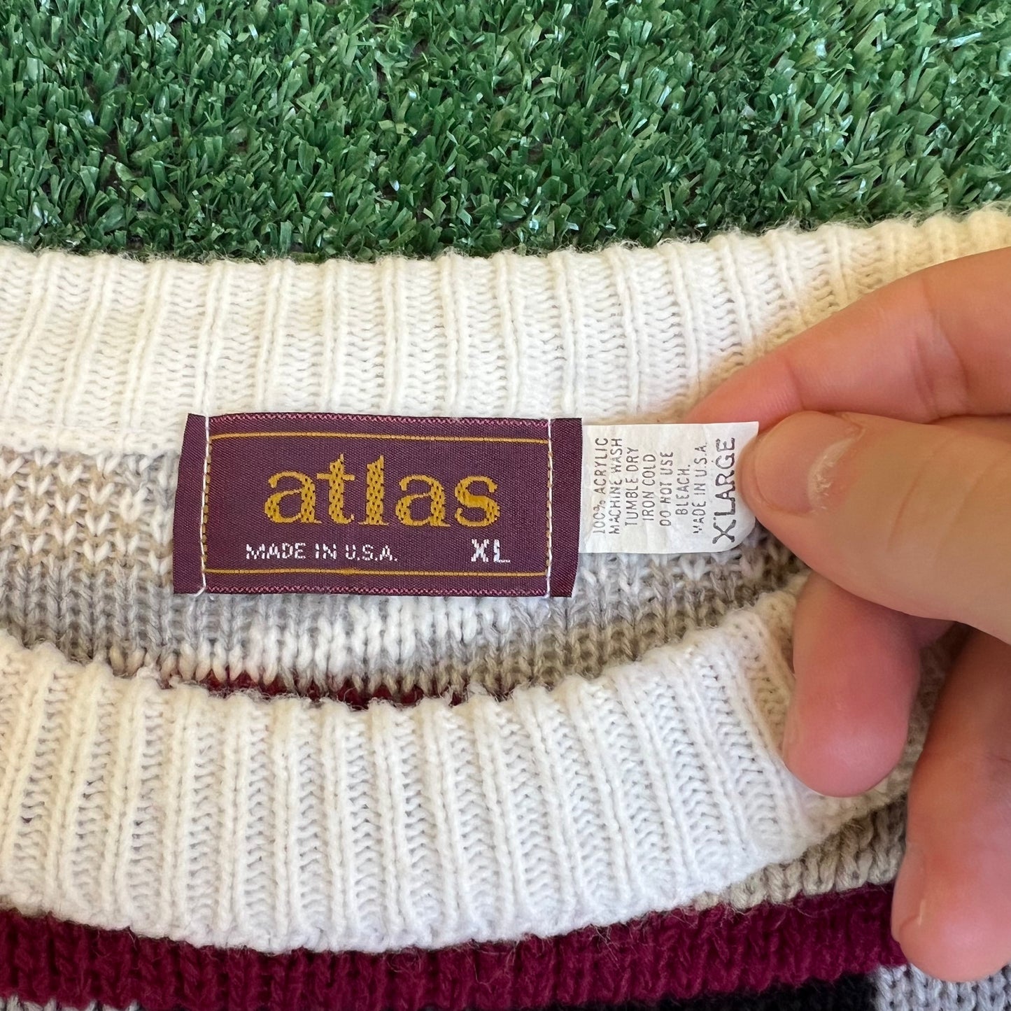 VTG 90s Men's Atlas 3D Knit White Garnet Gold FSU Coogi Grandpa Style Sweater XL