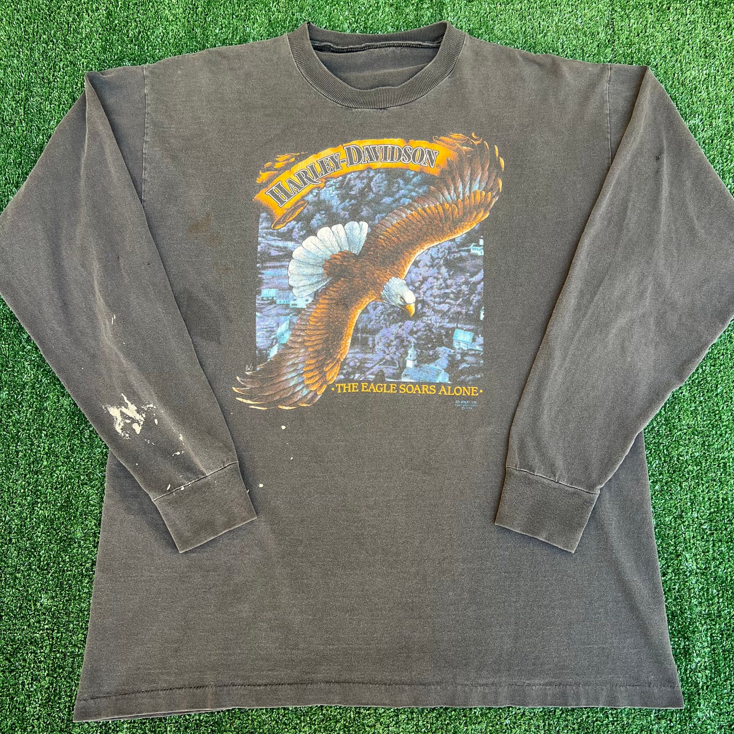 VTG 80s Harley-Davidson 3D Emblem Fade Black The Eagle Soars Alone LS T-Shirt XL