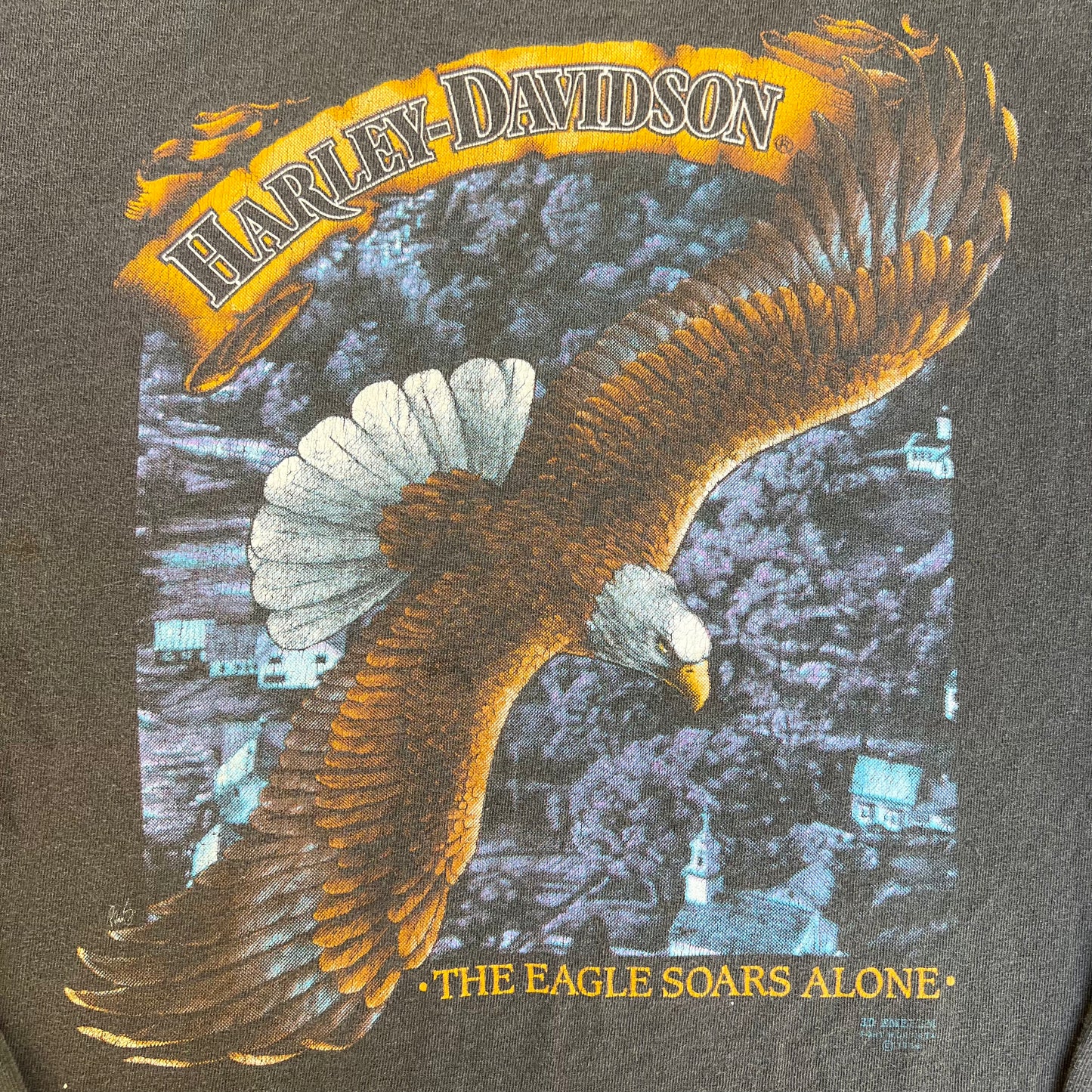 VTG 80s Harley-Davidson 3D Emblem Fade Black The Eagle Soars Alone LS T-Shirt XL