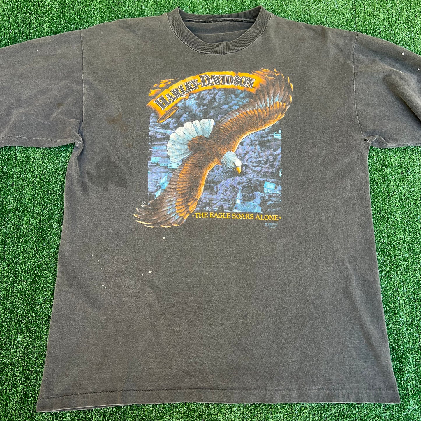 VTG 80s Harley-Davidson 3D Emblem Fade Black The Eagle Soars Alone LS T-Shirt XL