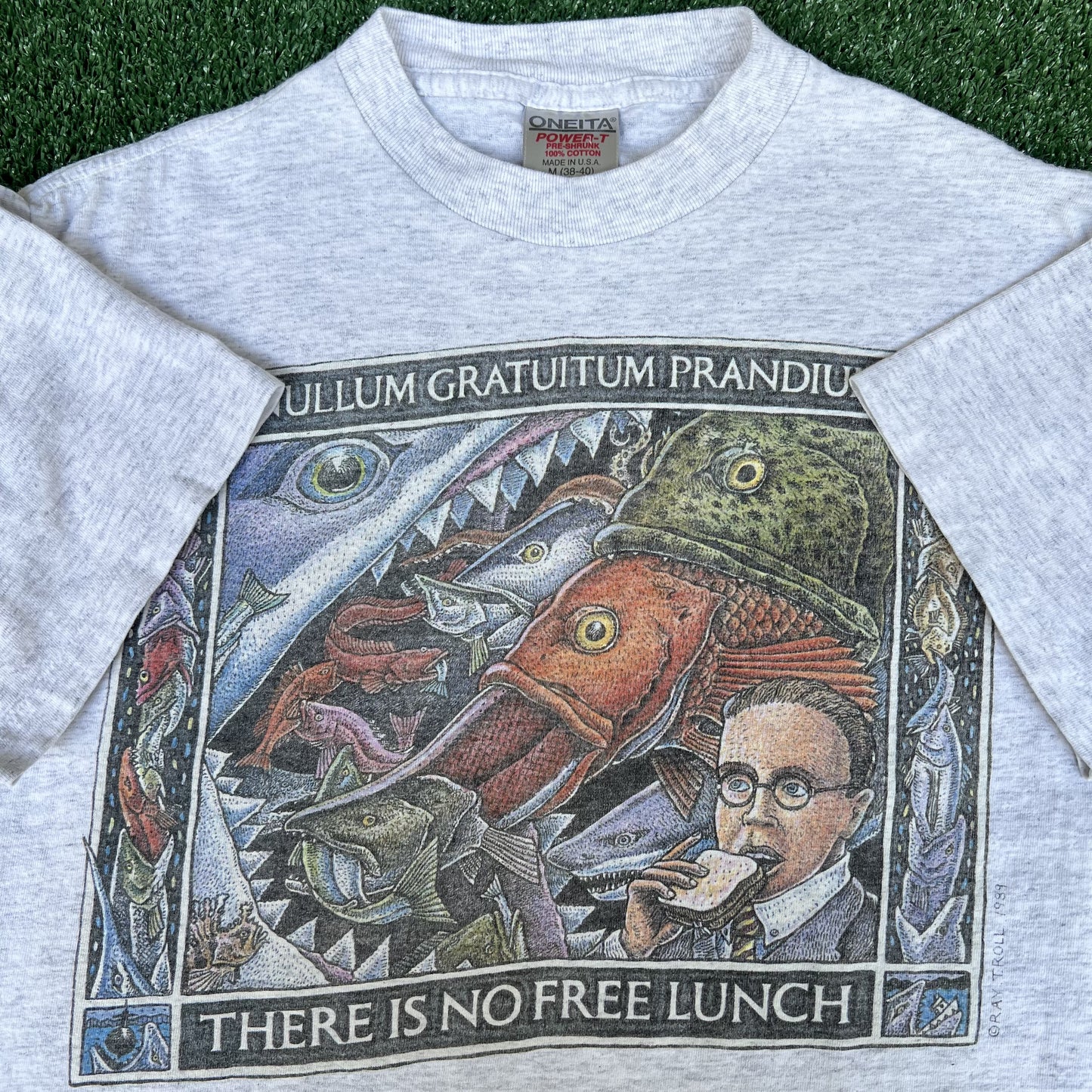 VTG 1989 Men Ray Troll There is No Free Lunch Latin Fish Art Gray T-Shirt Medium
