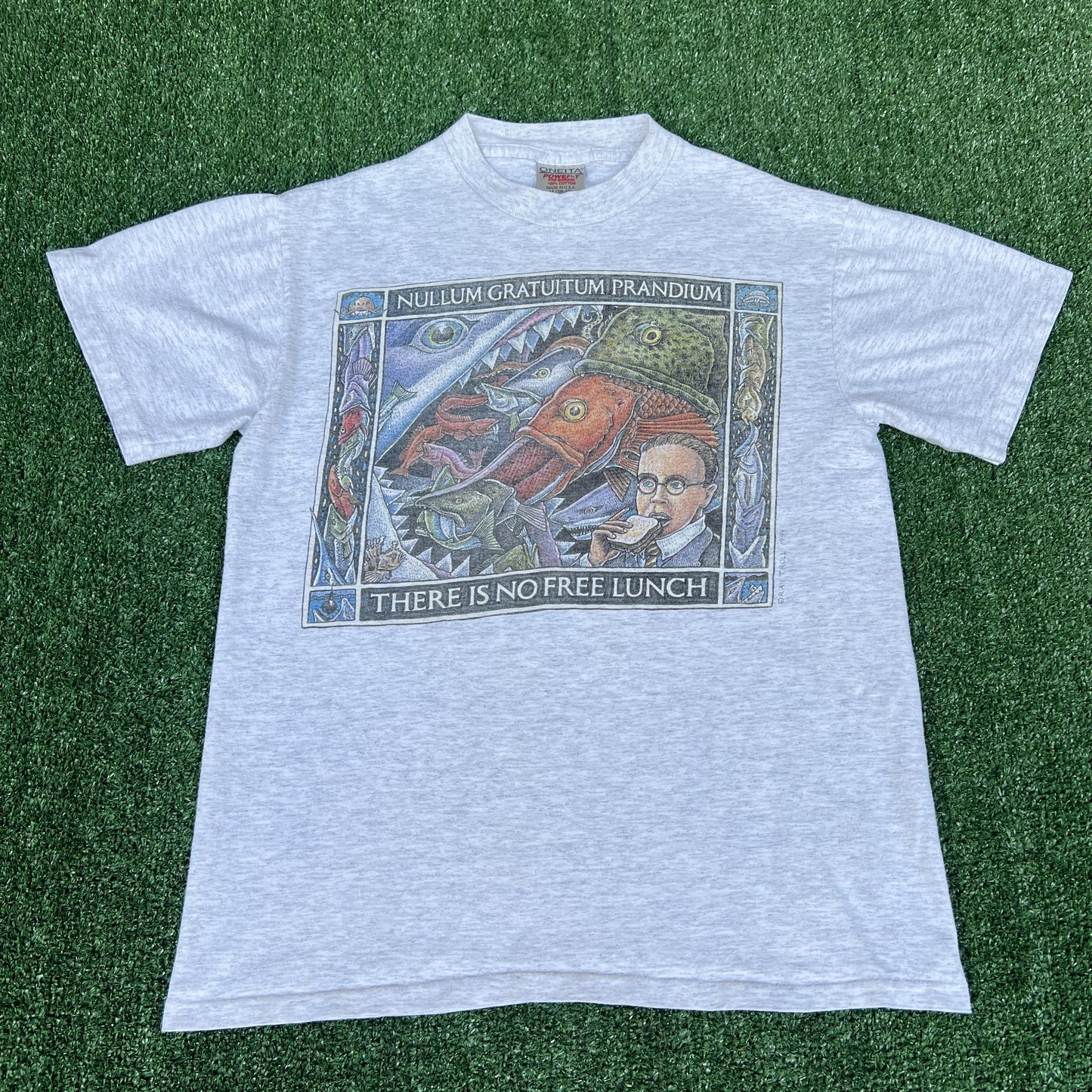 VTG 1989 Men Ray Troll There is No Free Lunch Latin Fish Art Gray T-Shirt Medium