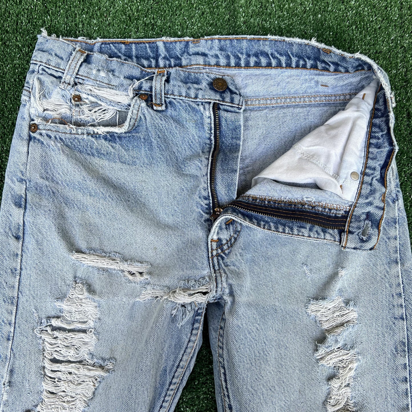 VTG 90s Levi's 505 Orange Tab Zip Fly Straight Leg Distressed Blue Jeans 33x32