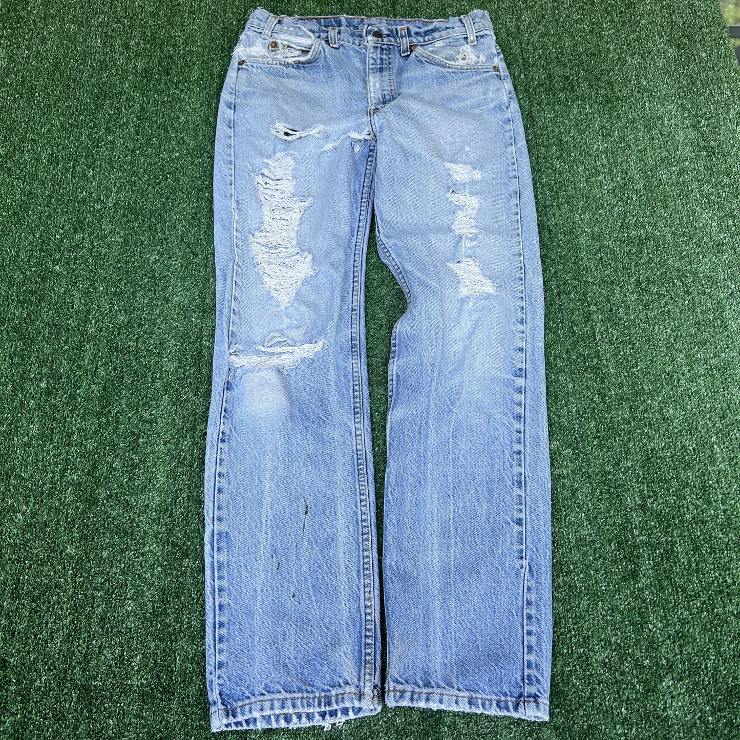 VTG 90s Levi's 505 Orange Tab Zip Fly Straight Leg Distressed Blue Jeans 33x32